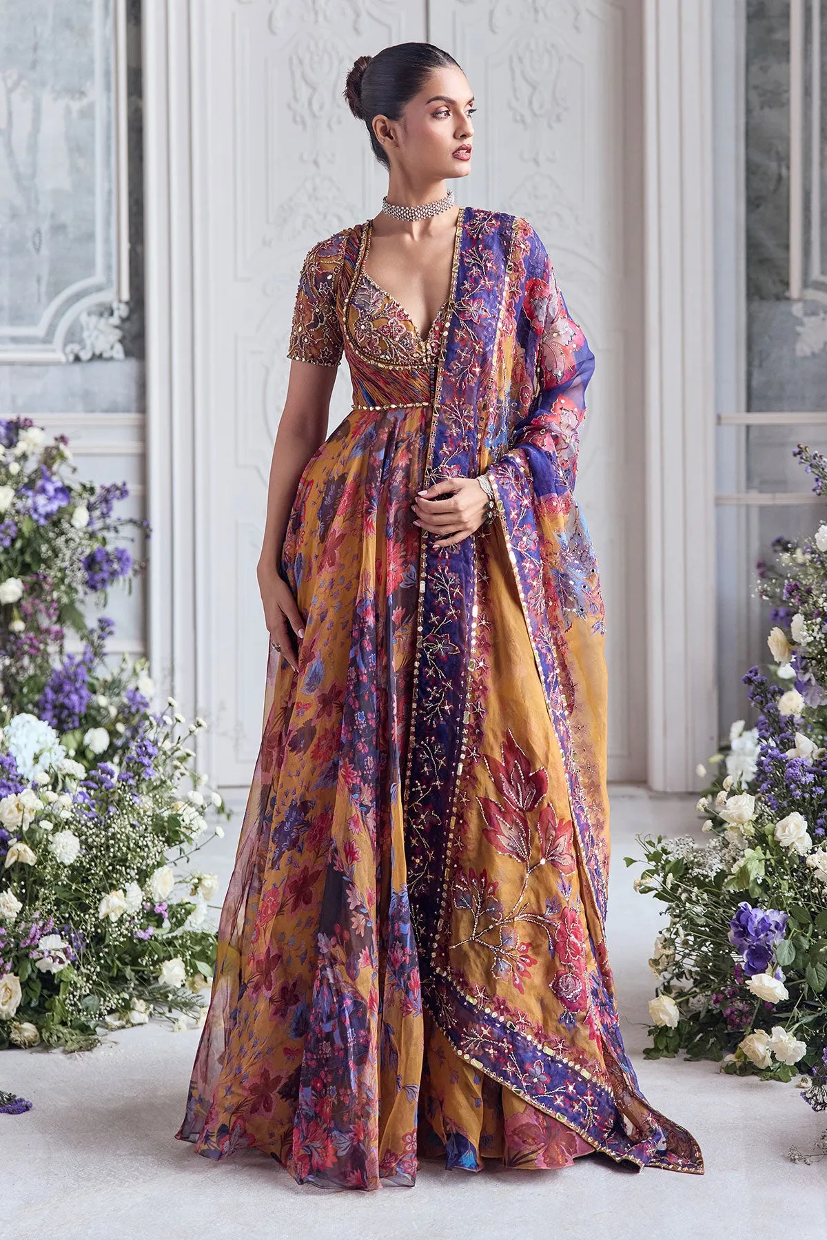 Mustard Floral Printed Anarkali with Embroidered Jacket