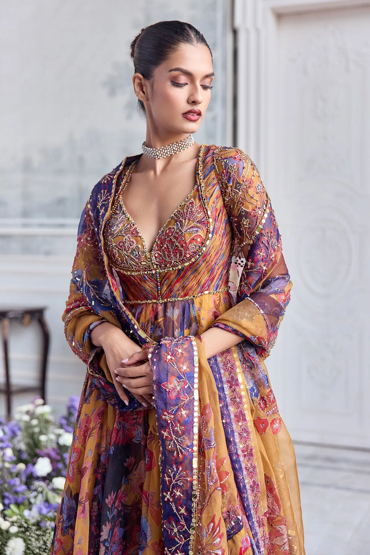 Mustard Floral Printed Anarkali with Embroidered Jacket