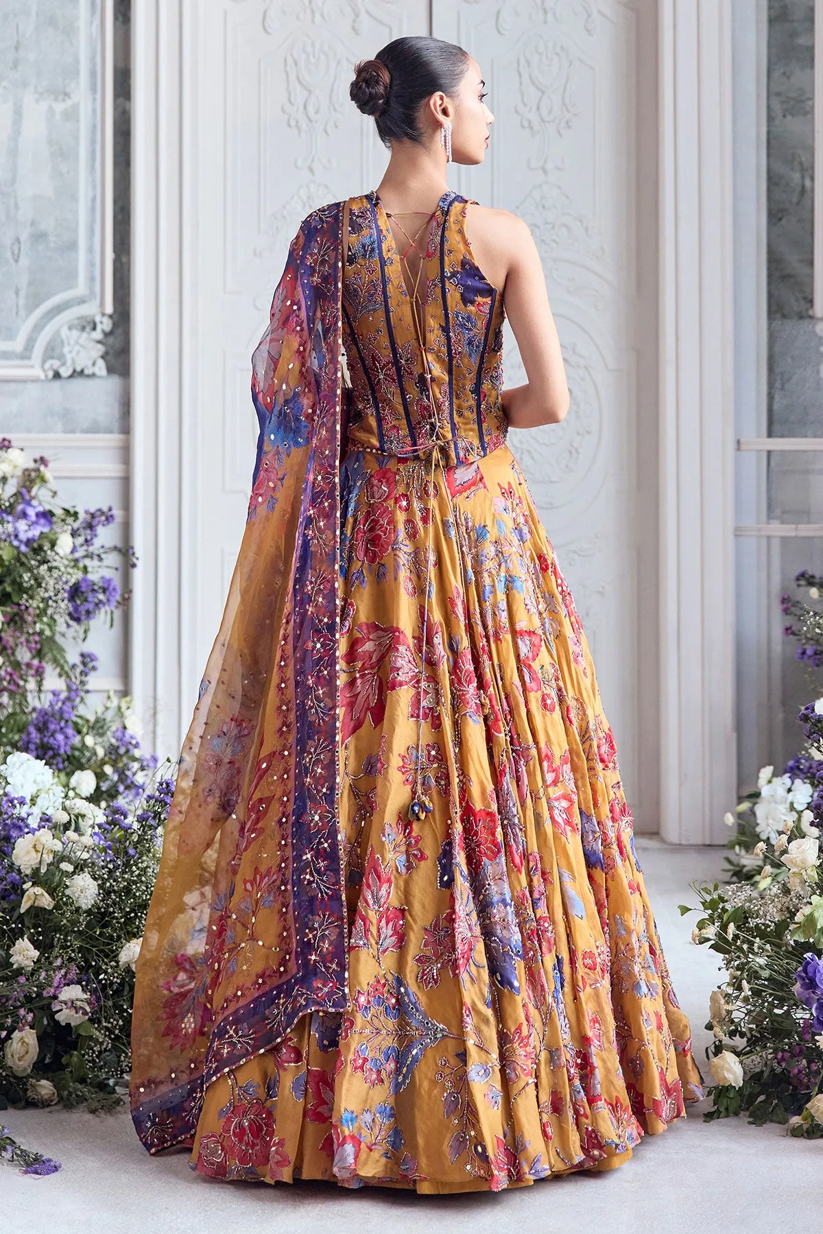 Mustard Floral Embroidered Lehenga with Corset Blouse