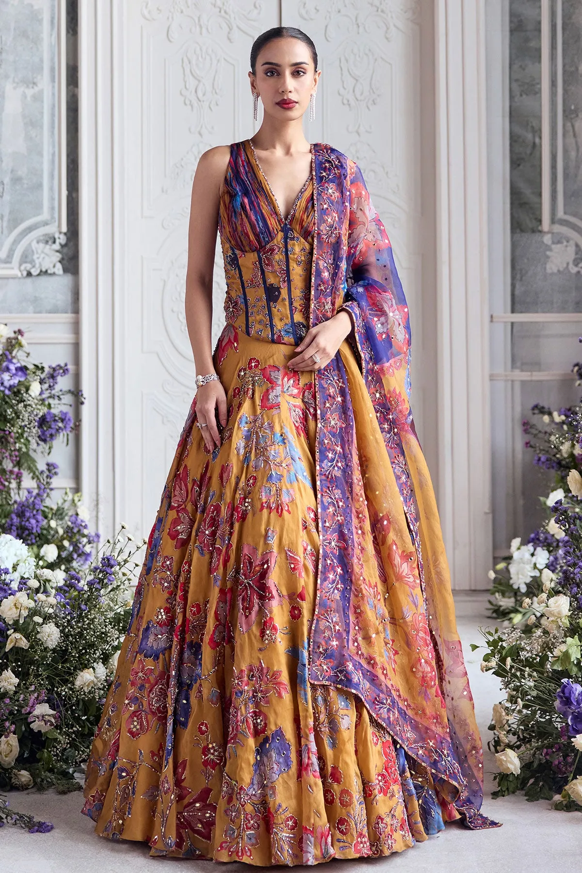 Mustard Floral Embroidered Lehenga with Corset Blouse