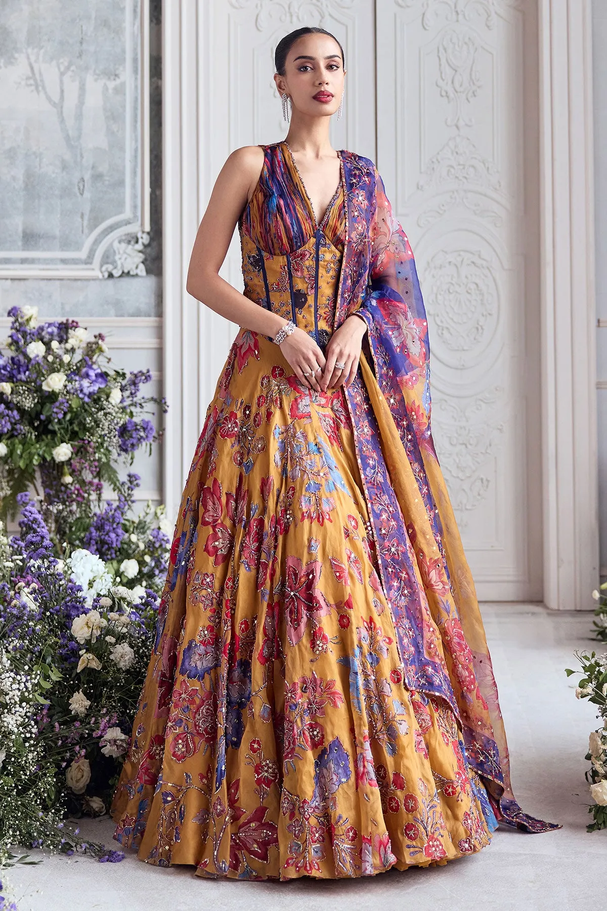 Mustard Floral Embroidered Lehenga with Corset Blouse
