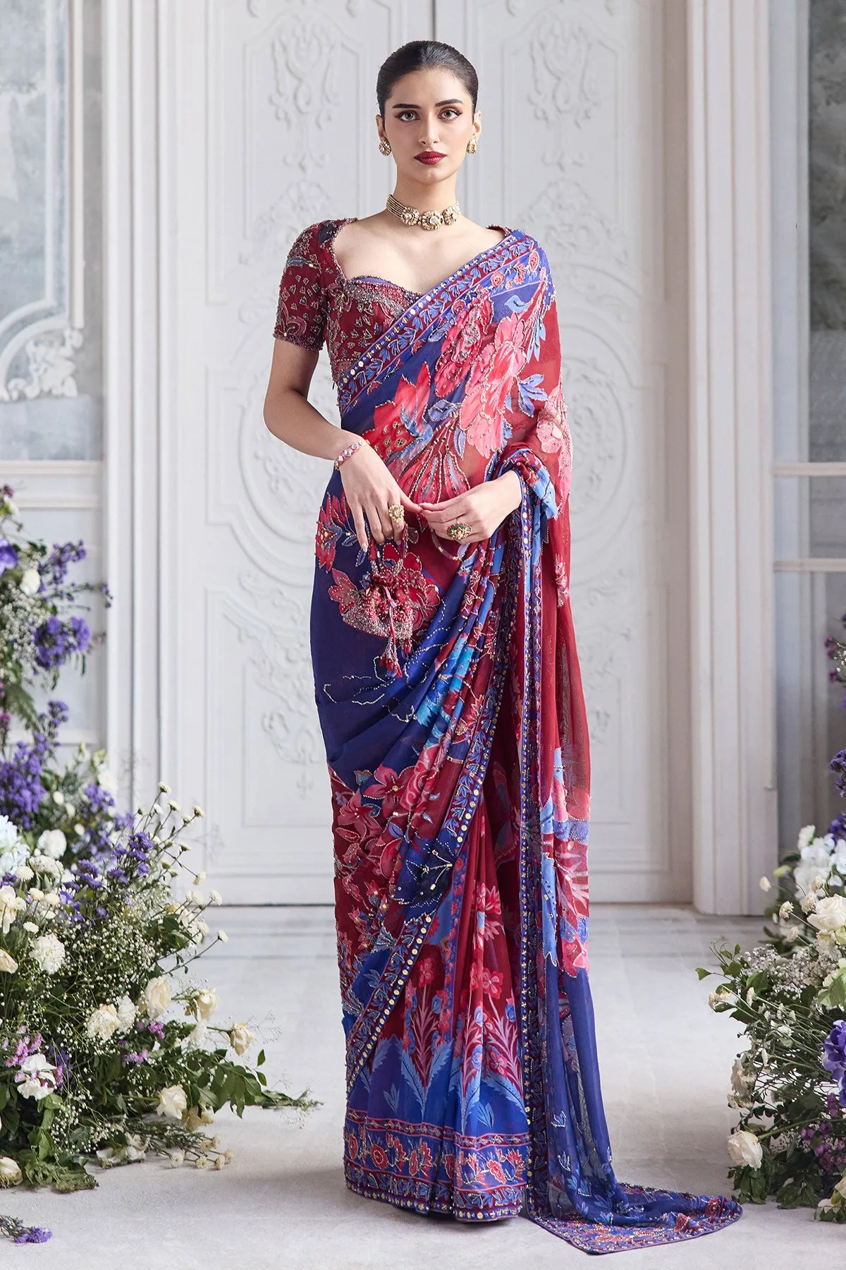 Wine & Royal Blue Floral Printed Sari with Embroidered Blouse