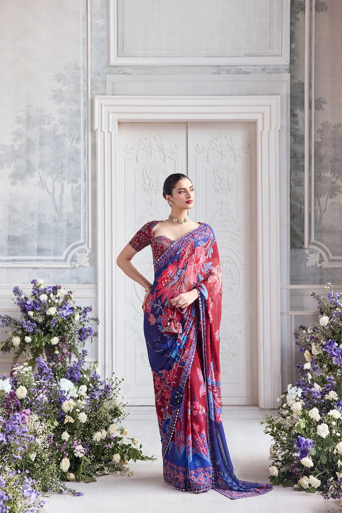 Wine & Royal Blue Floral Printed Sari with Embroidered Blouse