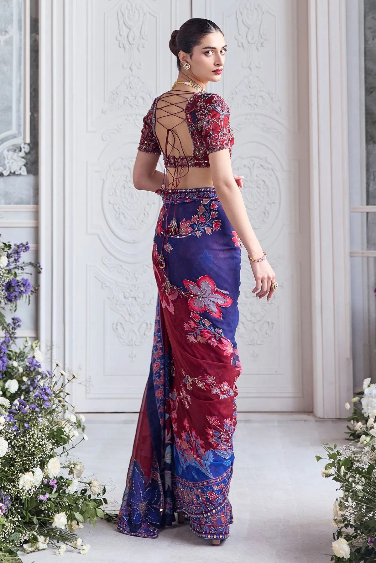 Wine & Royal Blue Floral Printed Sari with Embroidered Blouse