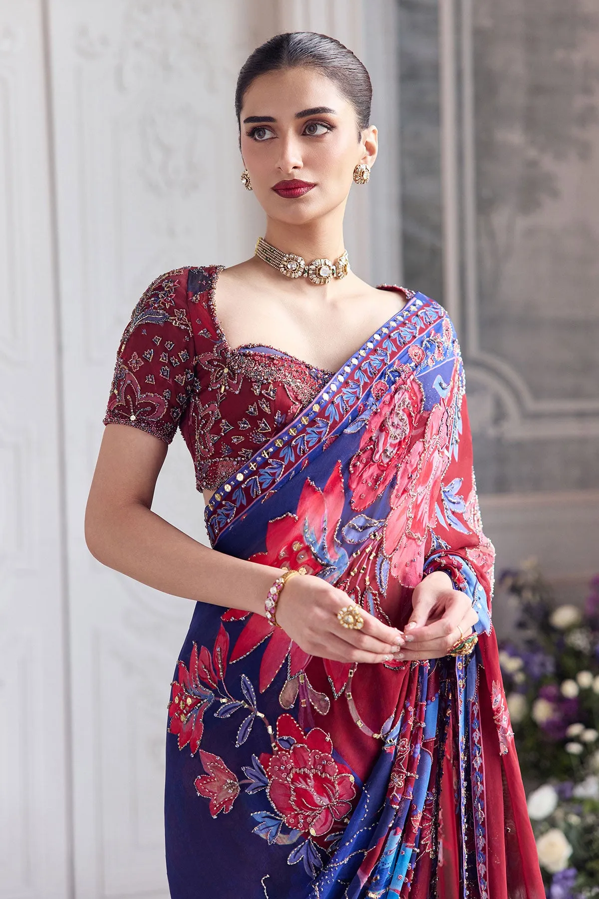 Wine & Royal Blue Floral Printed Sari with Embroidered Blouse