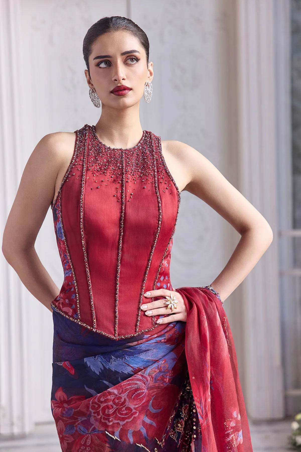 Scarlet & Indigo Floral Sari with Embellished Corset Blouse