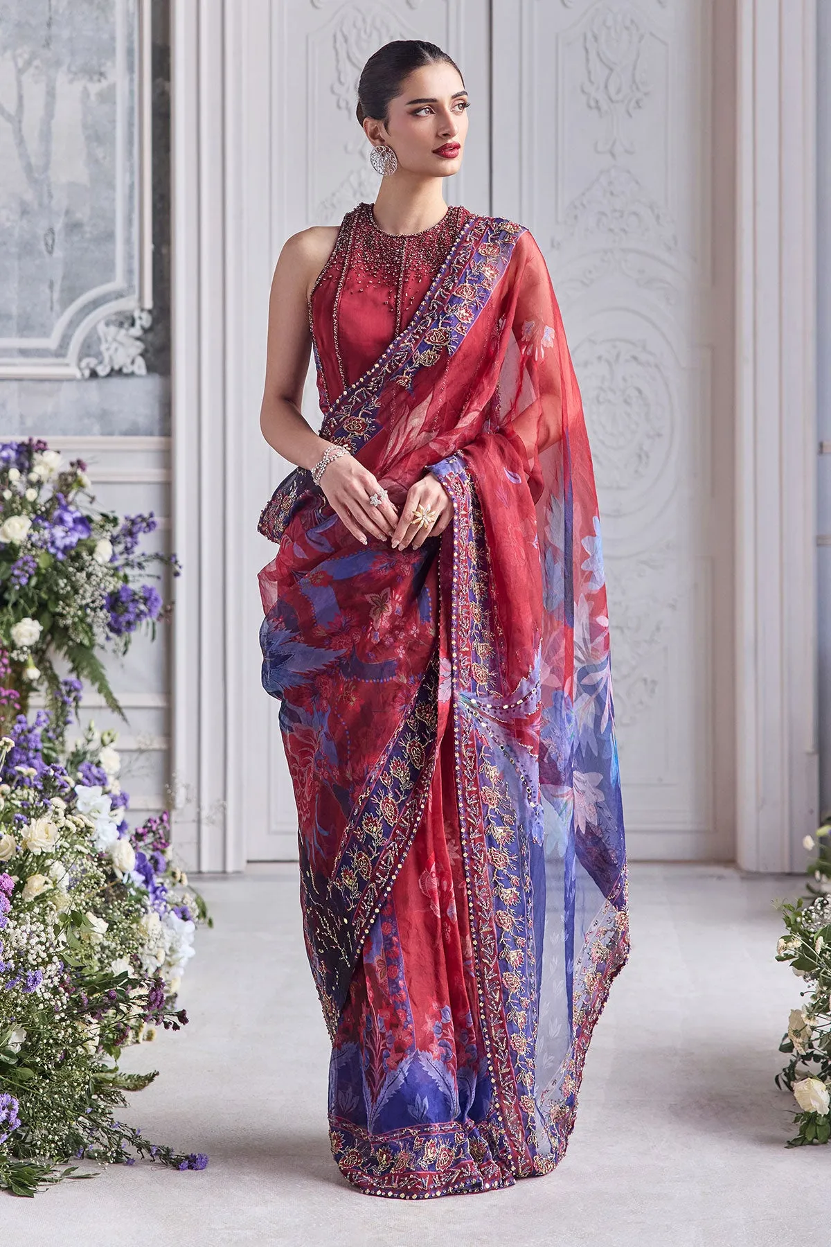 Scarlet & Indigo Floral Sari with Embellished Corset Blouse