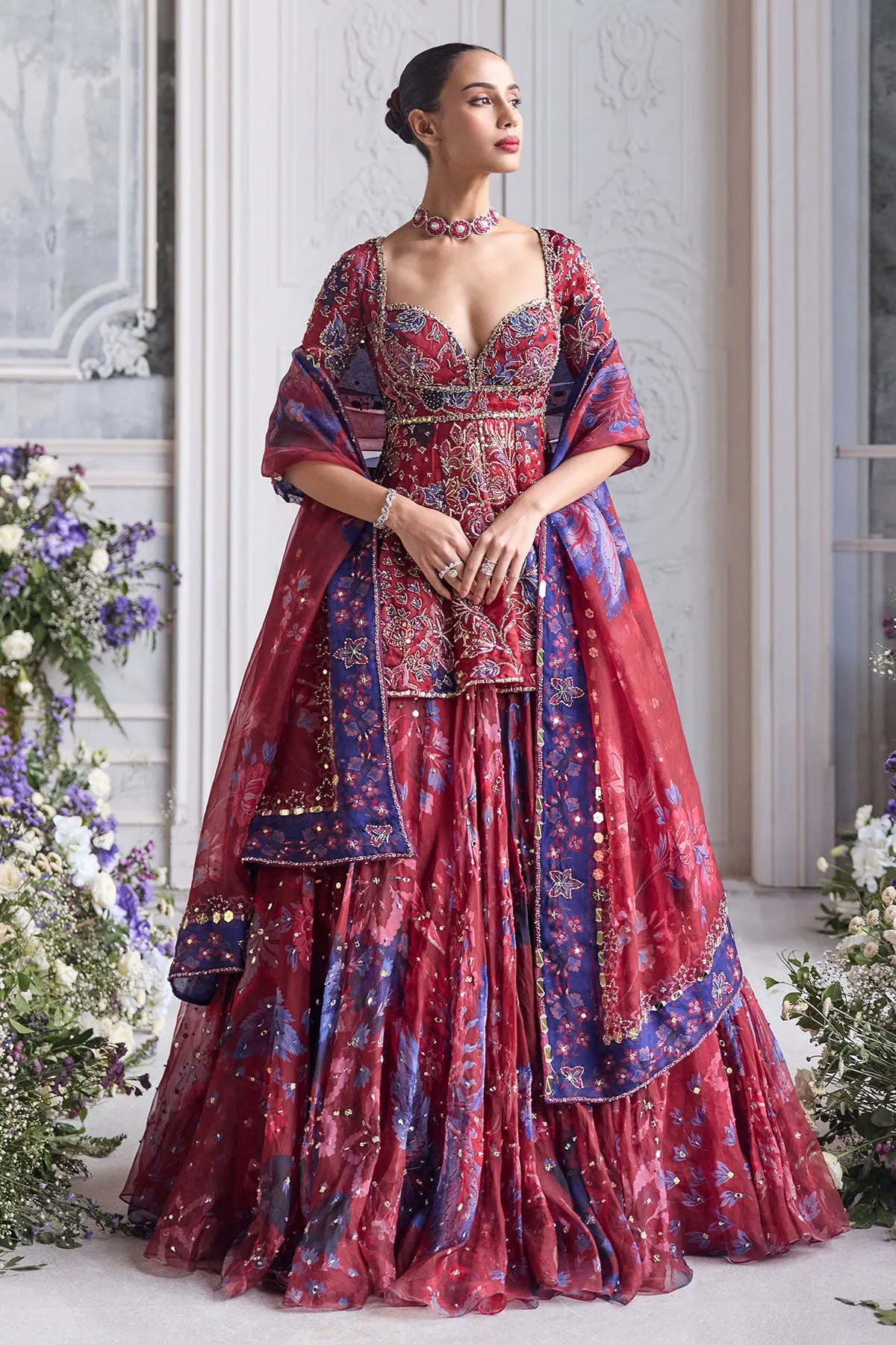 Red and Blue Embroidered Kurta with Layered Skirt