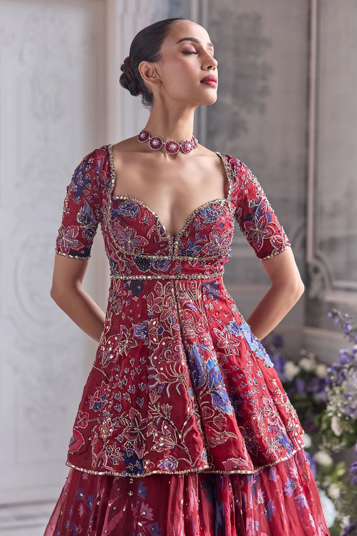 Red and Blue Embroidered Kurta with Layered Skirt