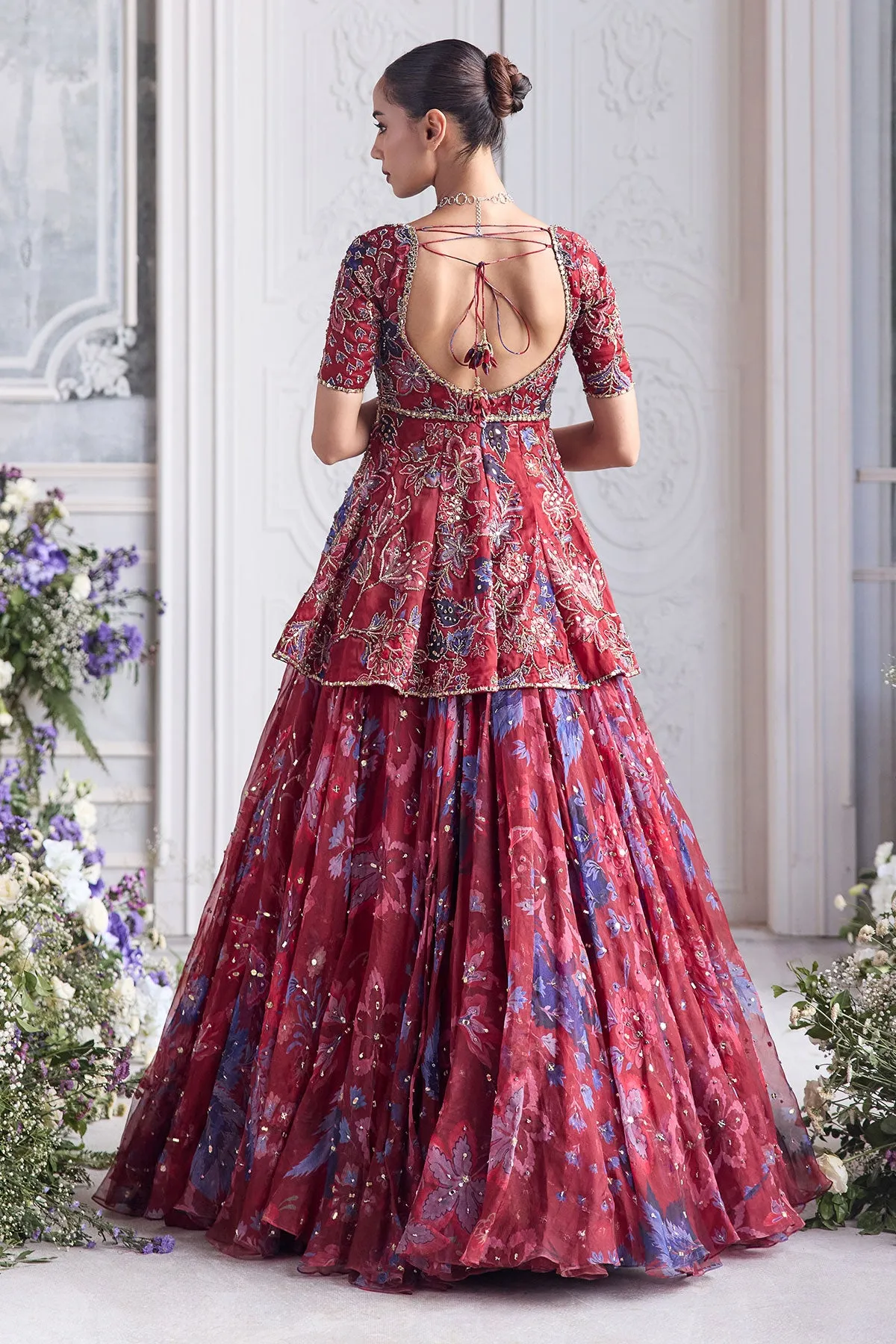 Red and Blue Embroidered Kurta with Layered Skirt