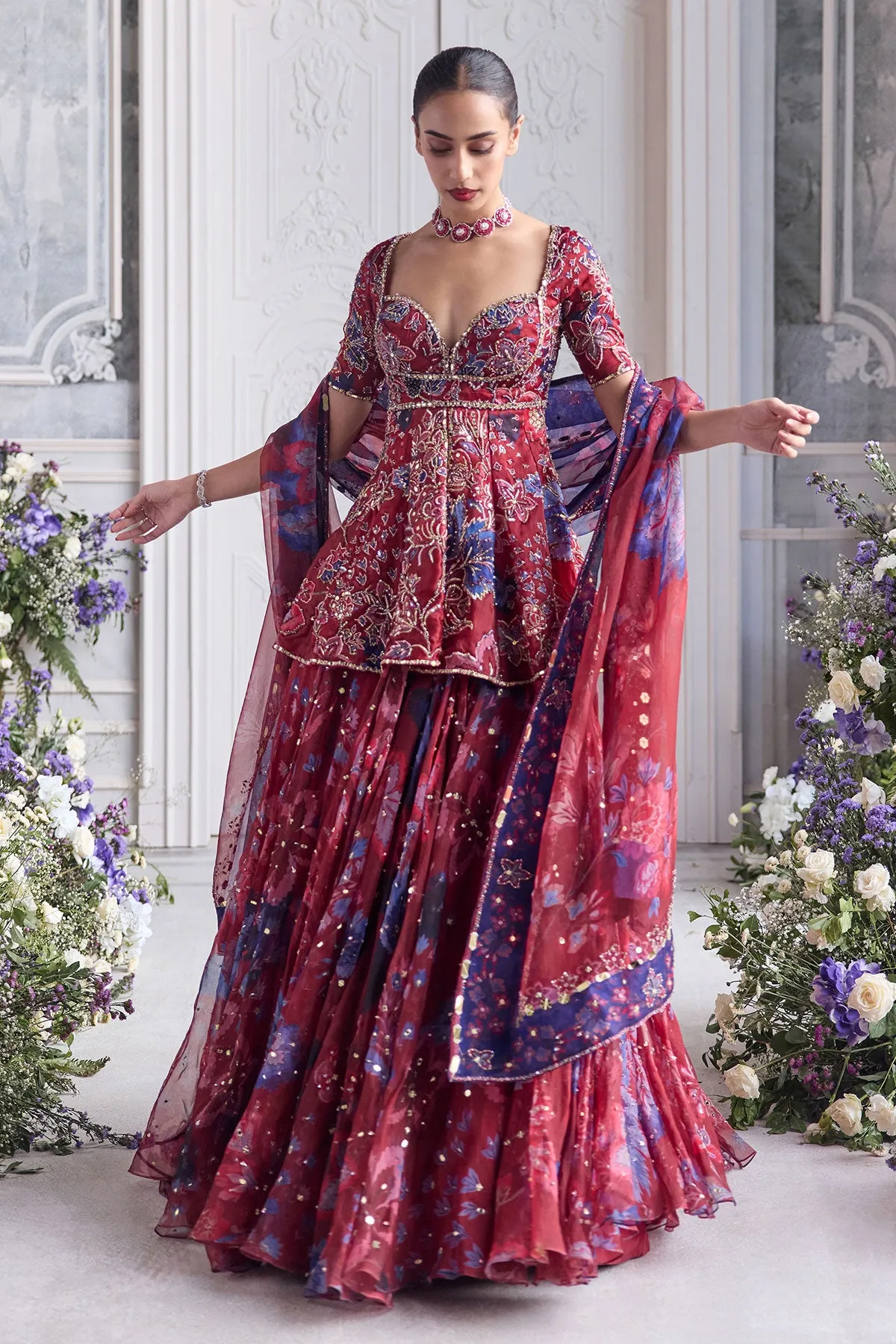 Red and Blue Embroidered Kurta with Layered Skirt