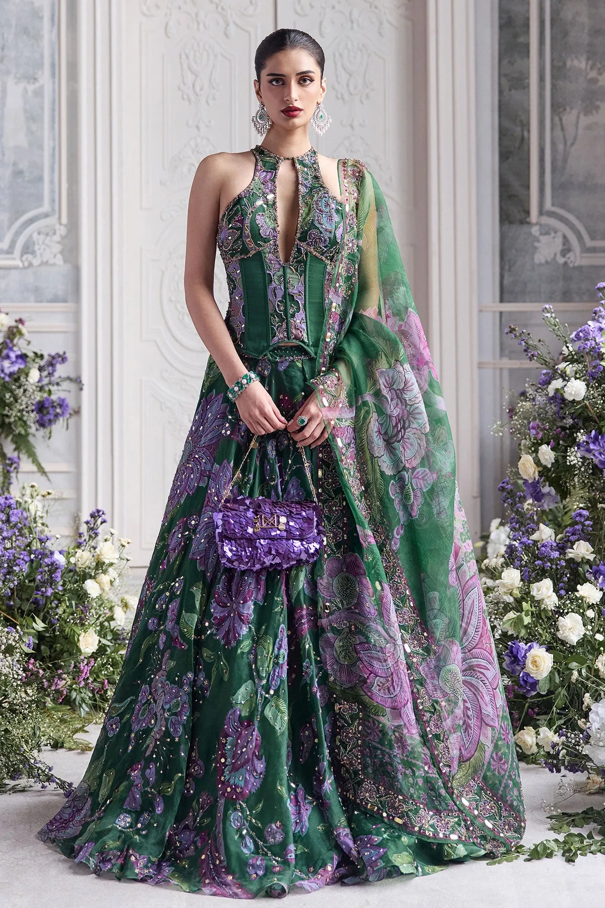 Emerald Green Lehenga with Lilac Floral Embroidery and Sheer Dupatta