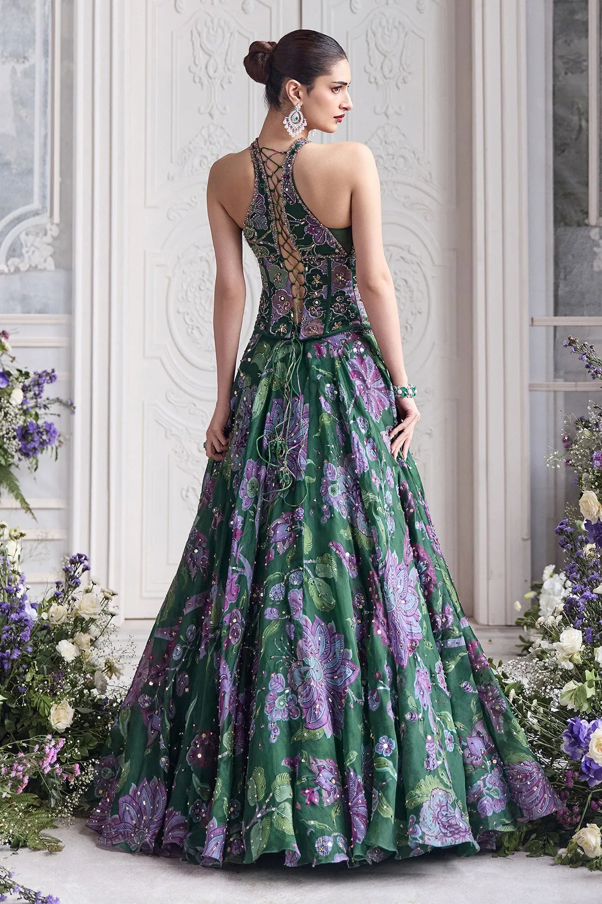 Emerald Green Lehenga with Lilac Floral Embroidery and Sheer Dupatta
