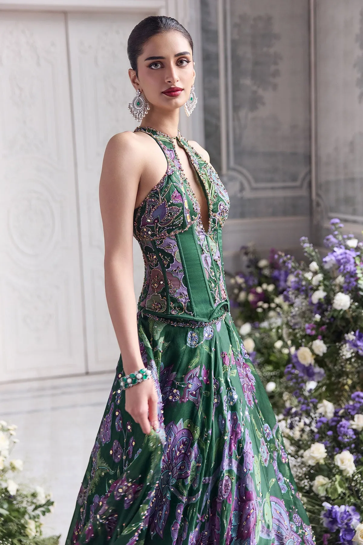 Emerald Green Lehenga with Lilac Floral Embroidery and Sheer Dupatta