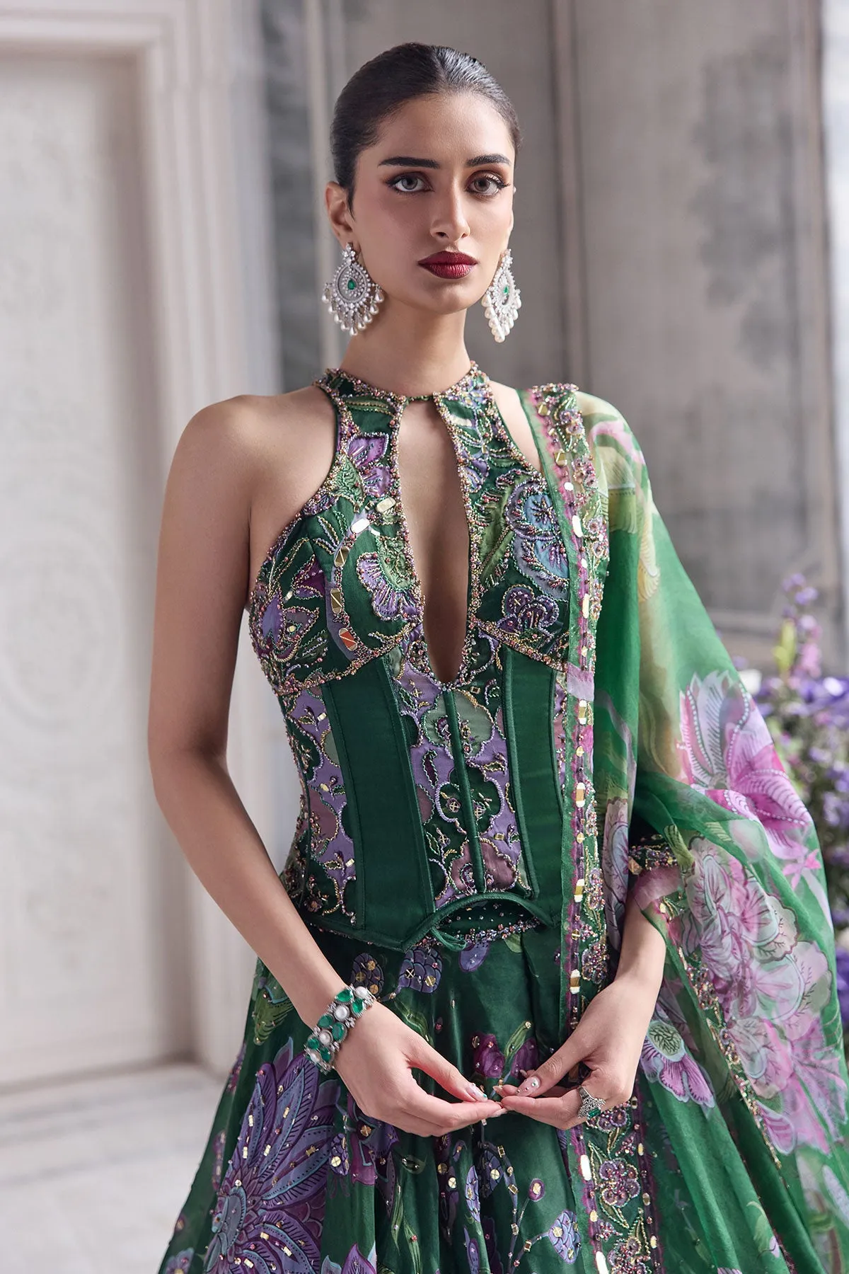 Emerald Green Lehenga with Lilac Floral Embroidery and Sheer Dupatta