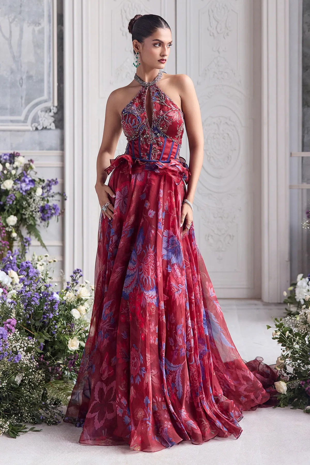 Crimson Red Lehenga with Silver Embellishment and Floral Organza Dupatta