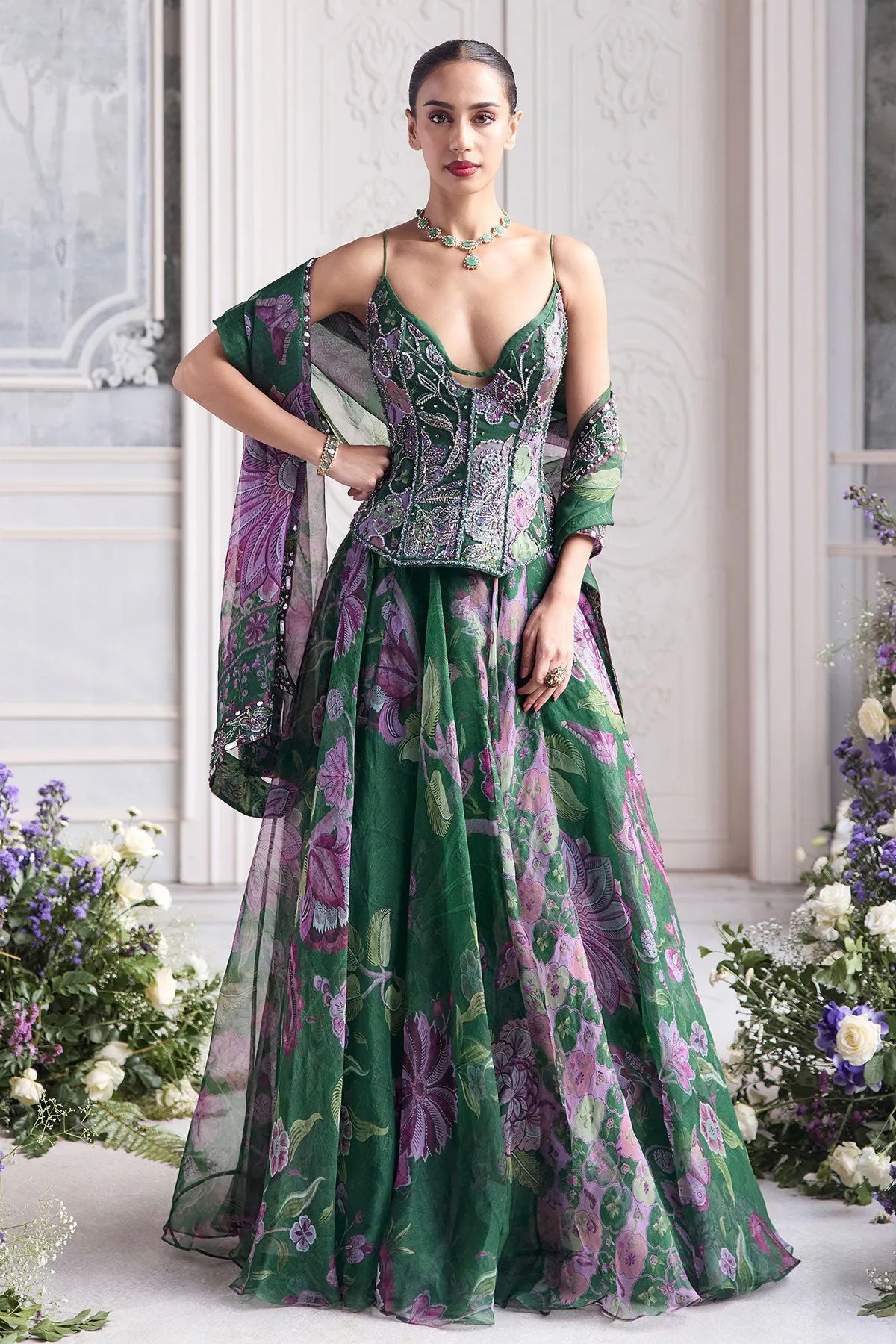 Emerald Green Lehenga with Lavender Floral Embroidery and Sheer Dupatta