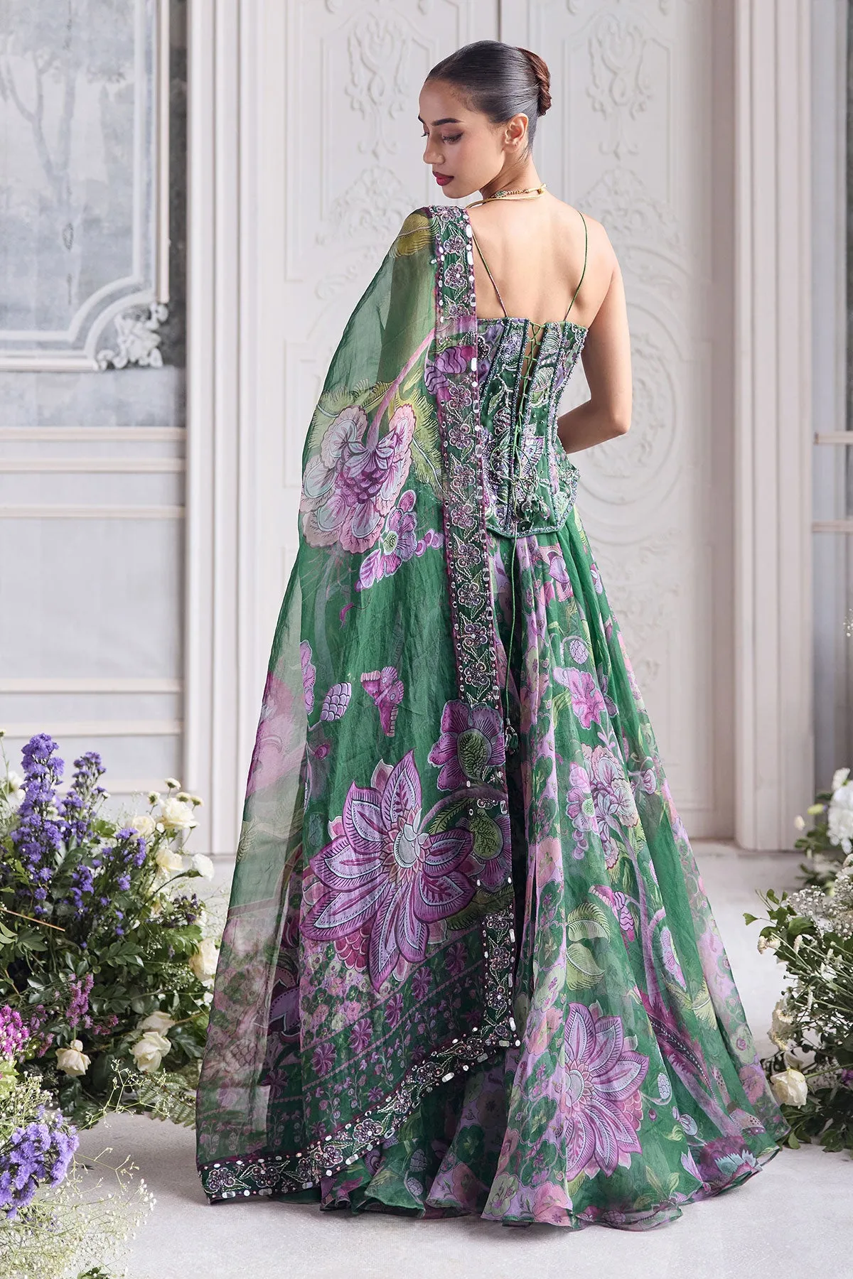 Emerald Green Lehenga with Lavender Floral Embroidery and Sheer Dupatta