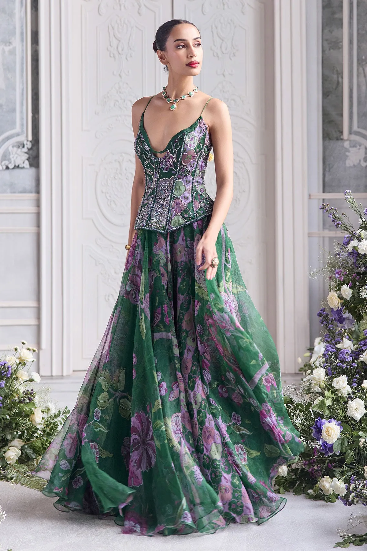 Emerald Green Lehenga with Lavender Floral Embroidery and Sheer Dupatta