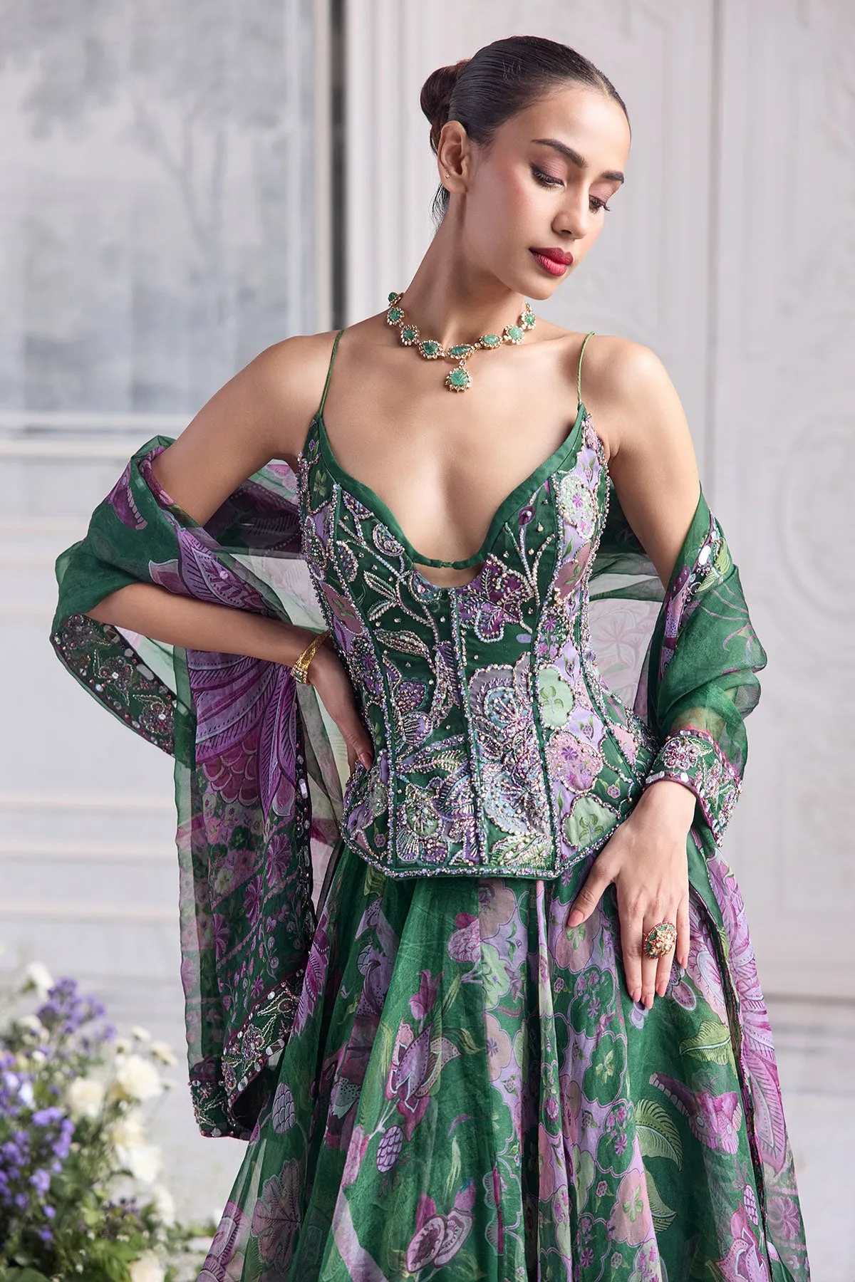 Emerald Green Lehenga with Lavender Floral Embroidery and Sheer Dupatta