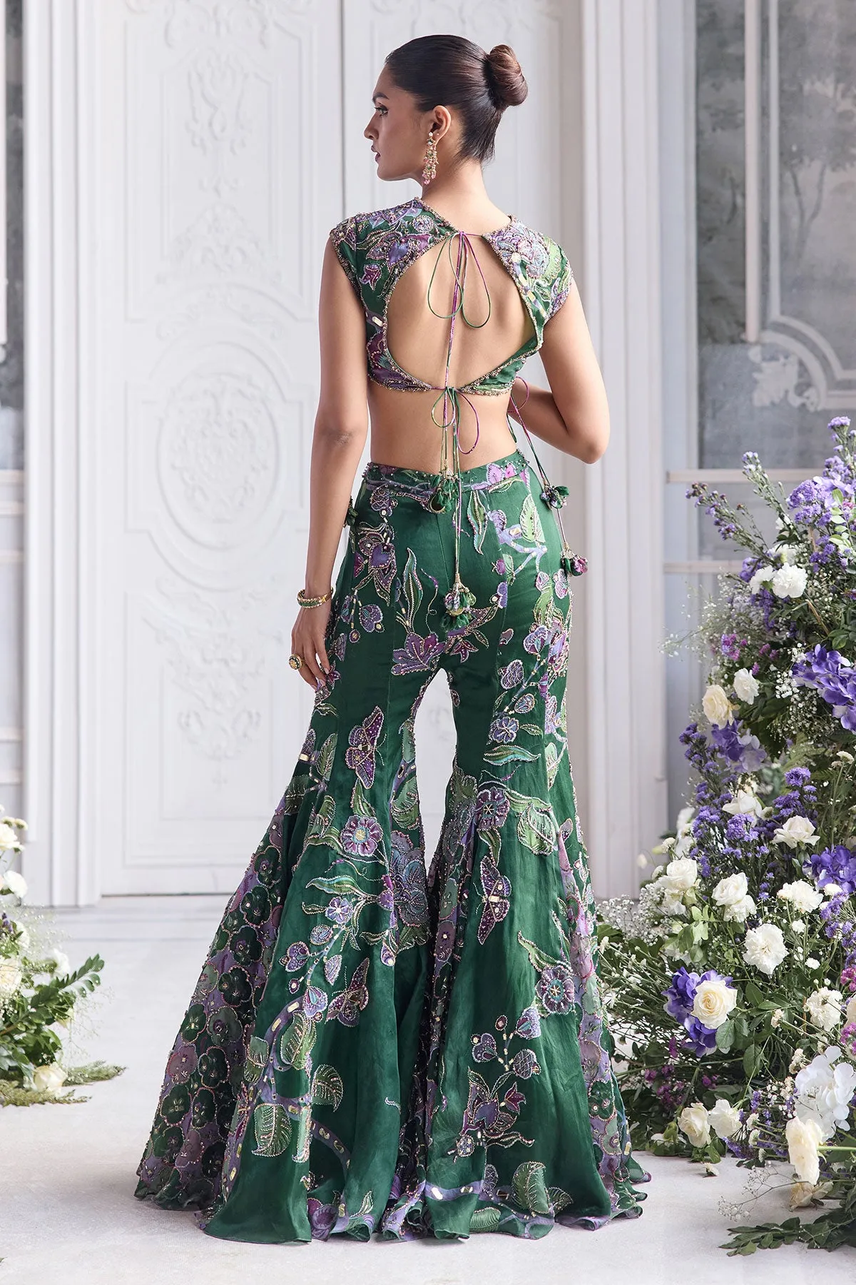 Emerald Green Sharara with Lilac Floral Embroidery and Sheer Dupatta