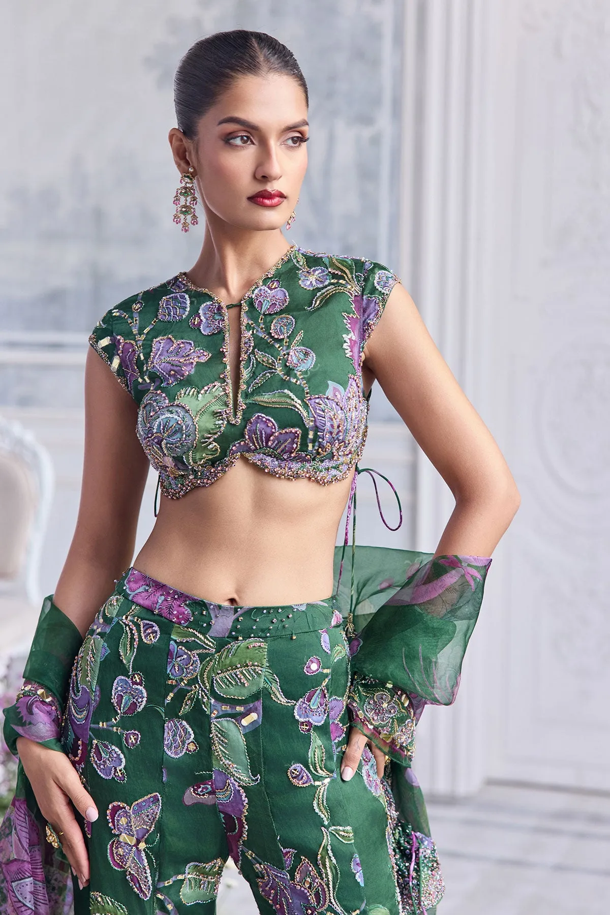 Emerald Green Sharara with Lilac Floral Embroidery and Sheer Dupatta