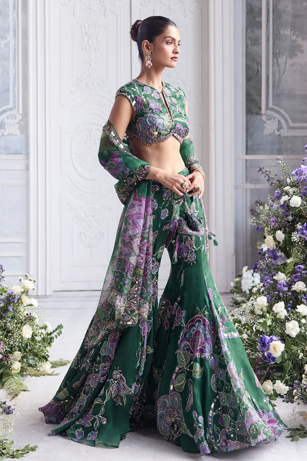 Emerald Green Sharara with Lilac Floral Embroidery and Sheer Dupatta