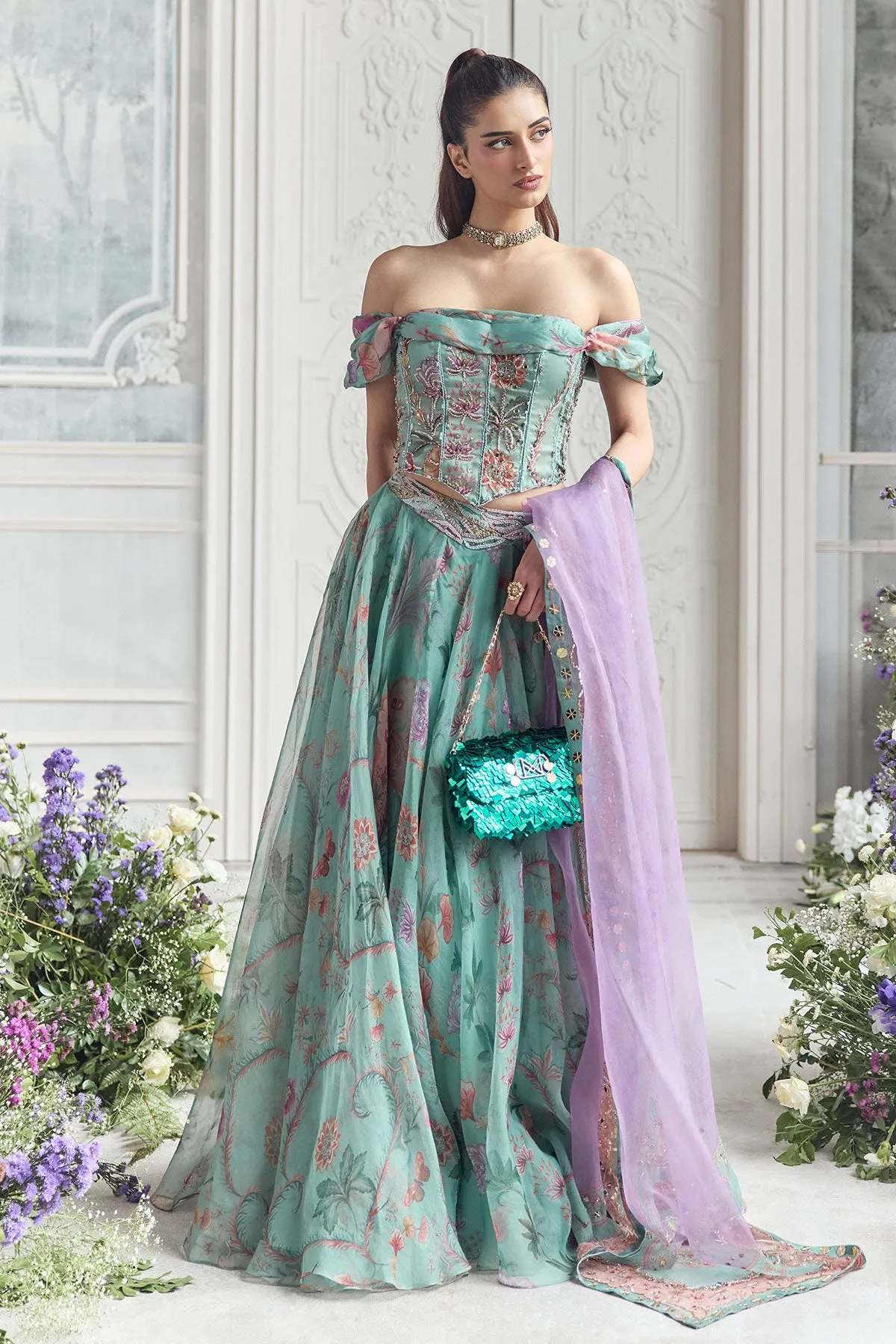 Aqua Green Lehenga with Pastel Floral Embroidery and Lilac Dupatta