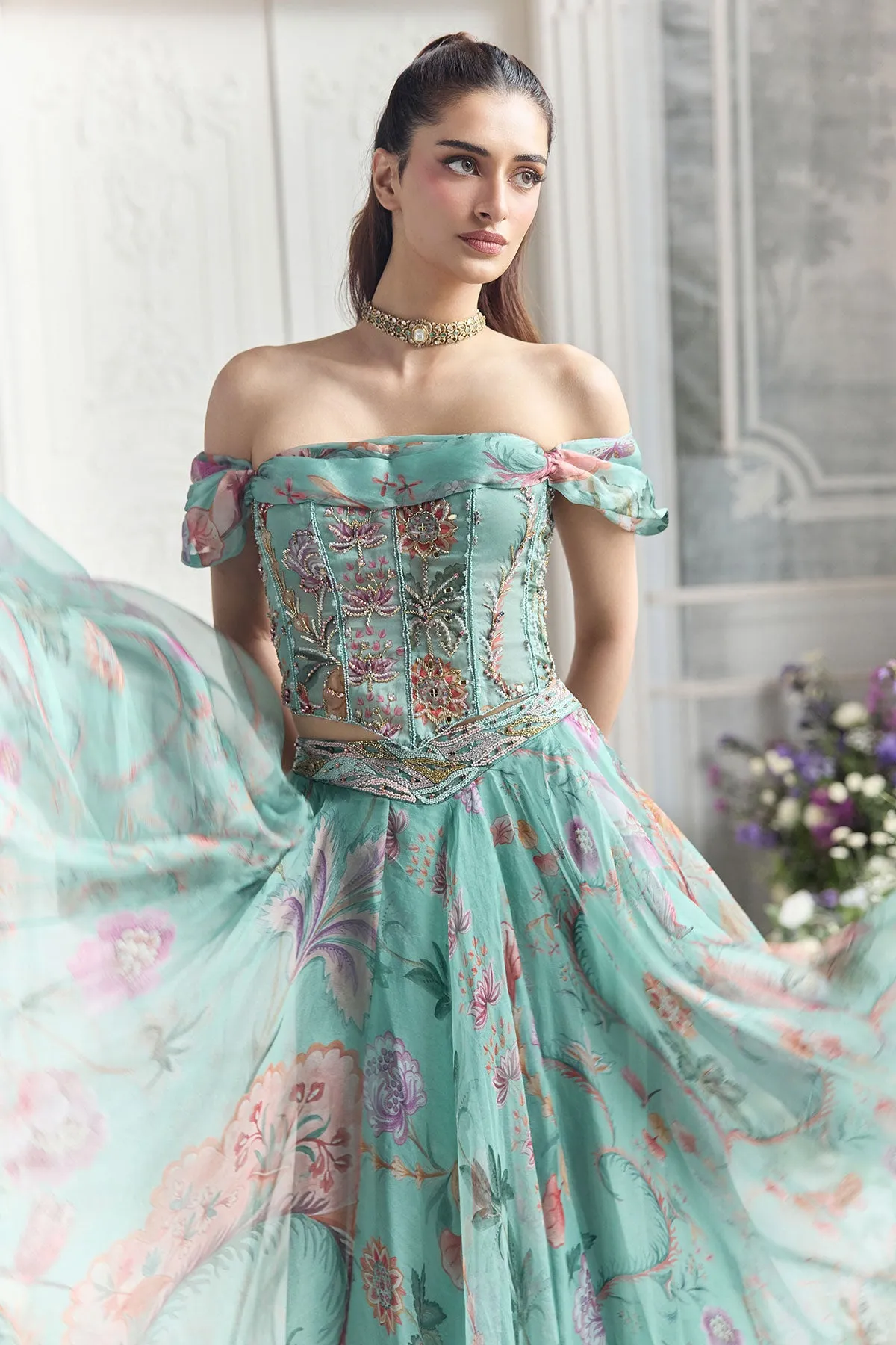 Aqua Green Lehenga with Pastel Floral Embroidery and Lilac Dupatta