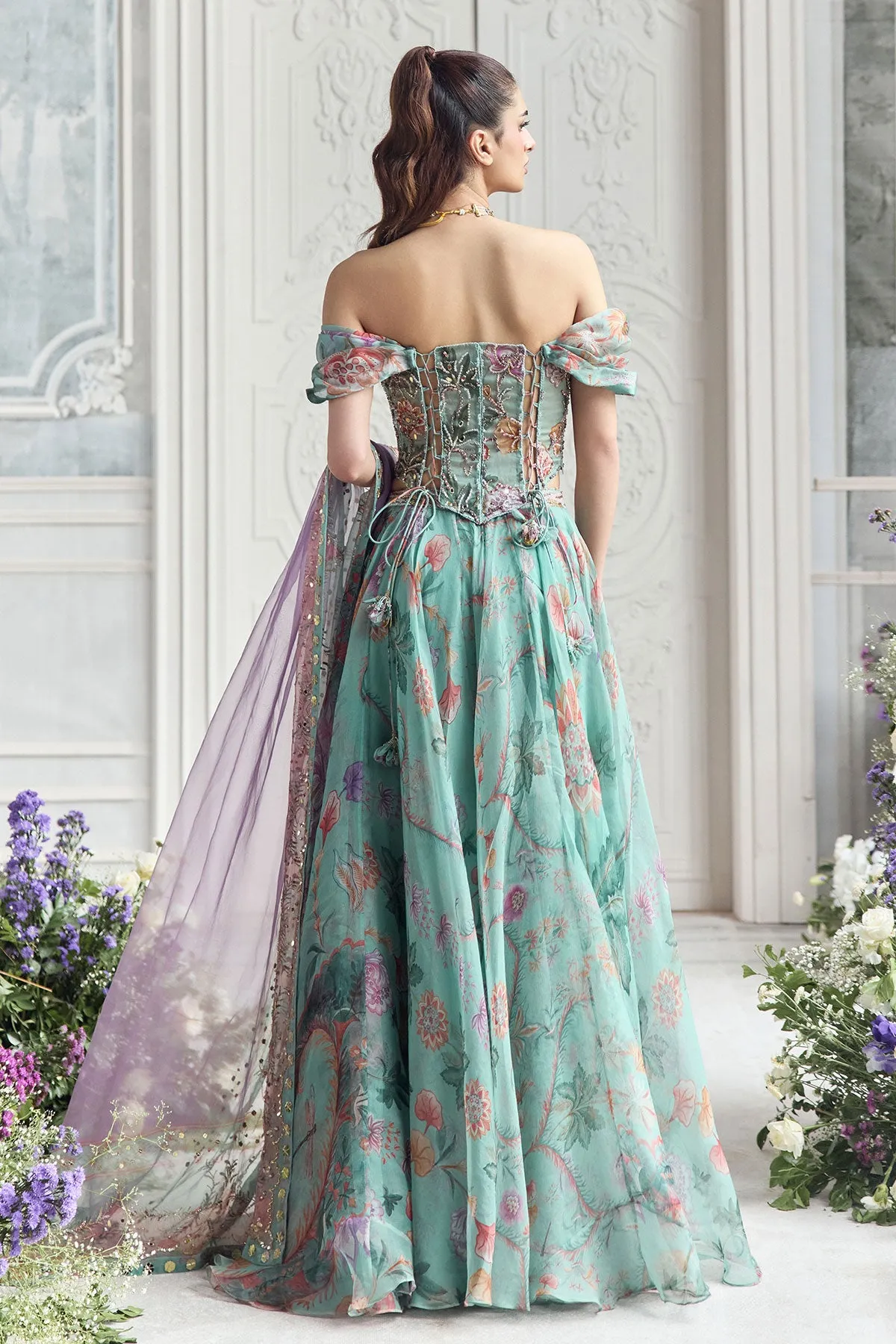 Aqua Green Lehenga with Pastel Floral Embroidery and Lilac Dupatta