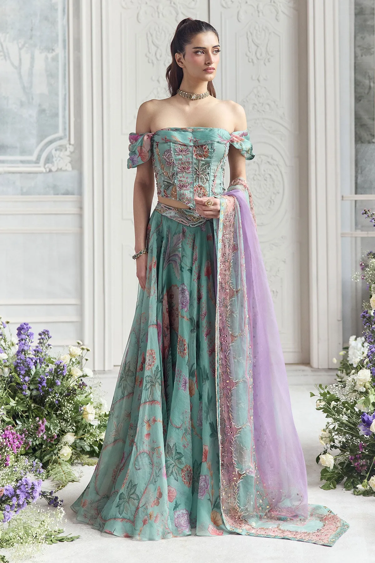 Aqua Green Lehenga with Pastel Floral Embroidery and Lilac Dupatta