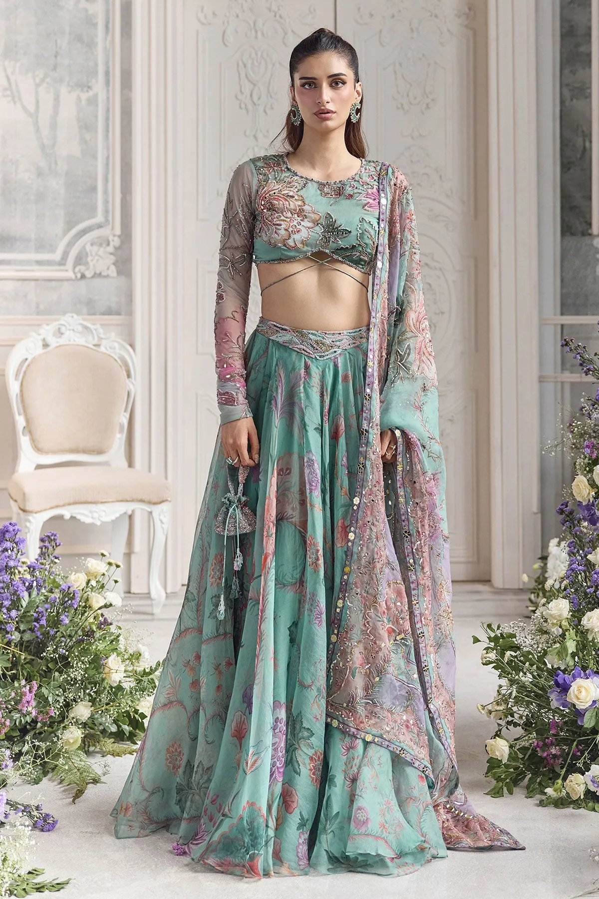 Aqua Green Lehenga with Pastel Resham Embroidery and Sheer Net Dupatta
