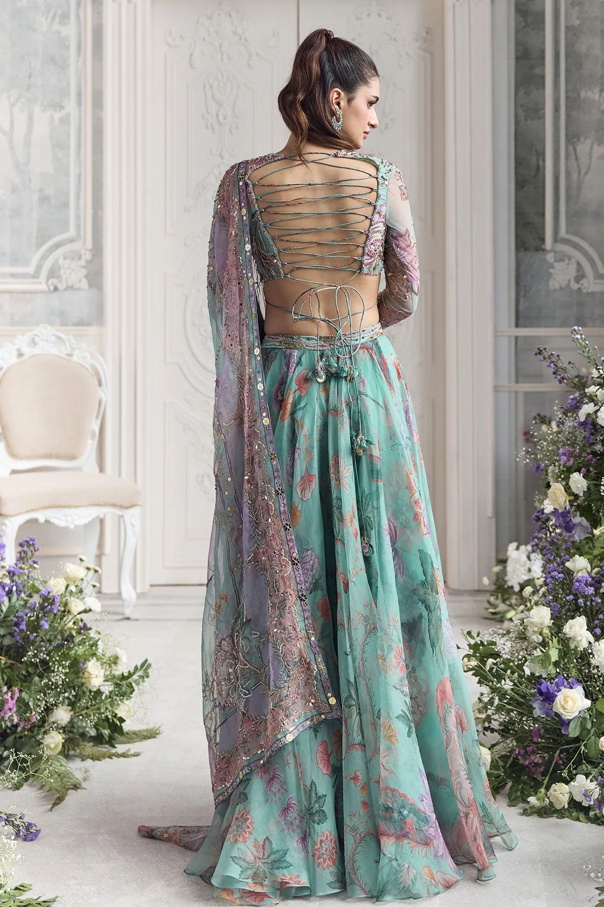 Aqua Green Lehenga with Pastel Resham Embroidery and Sheer Net Dupatta
