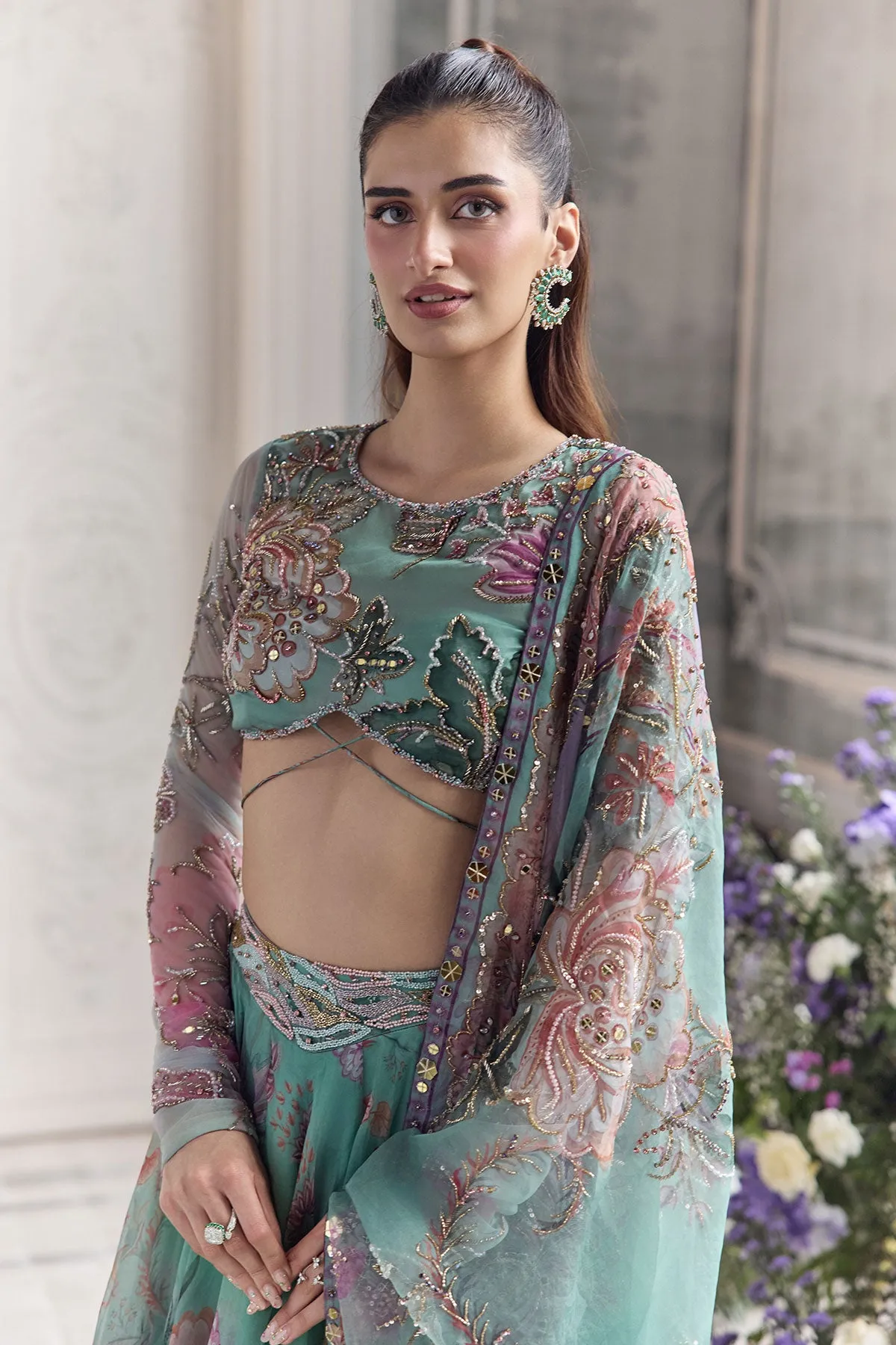 Aqua Green Lehenga with Pastel Resham Embroidery and Sheer Net Dupatta