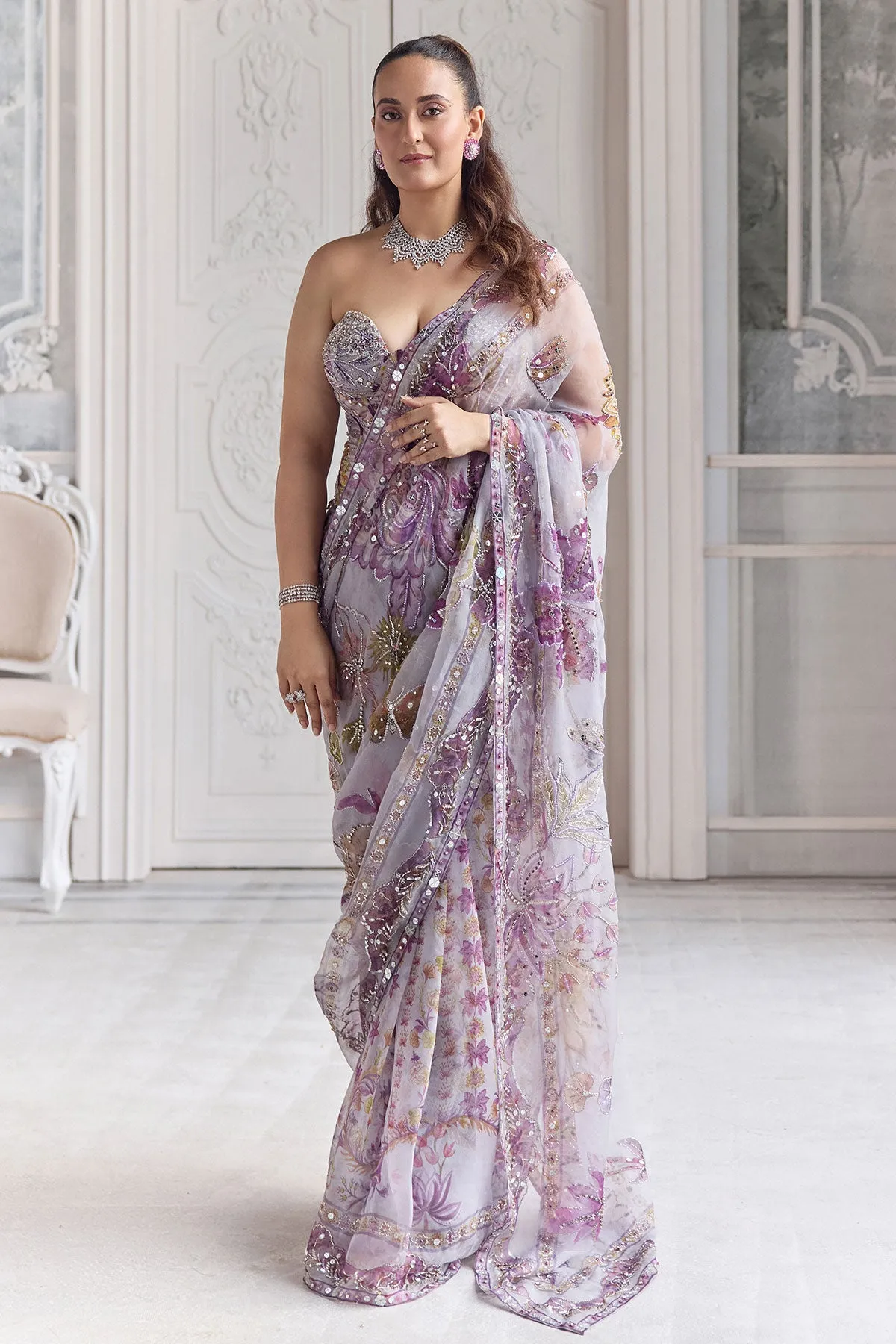 Lilac Organza Sari with Pastel Floral Embroidery and Sequins