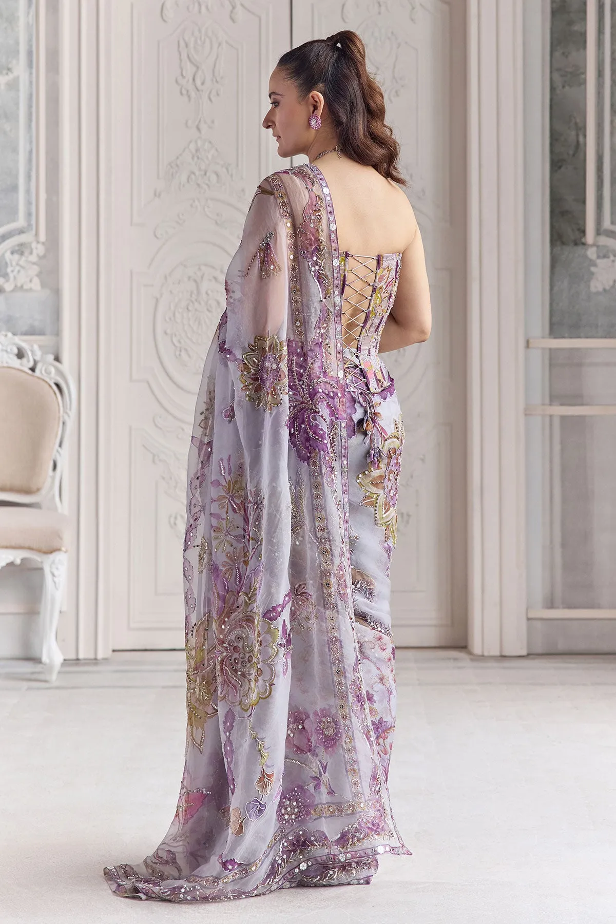 Lilac Organza Sari with Pastel Floral Embroidery and Sequins