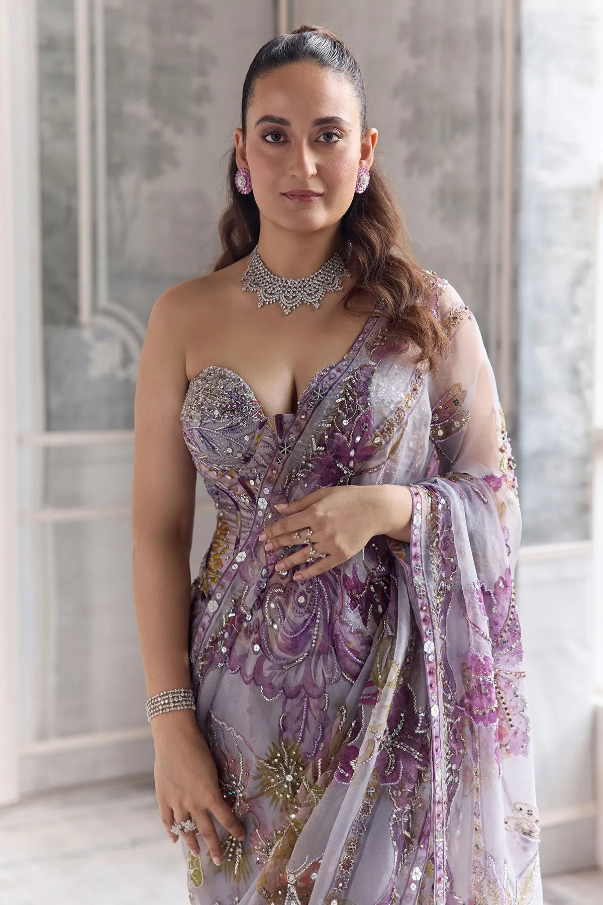 Lilac Organza Sari with Pastel Floral Embroidery and Sequins
