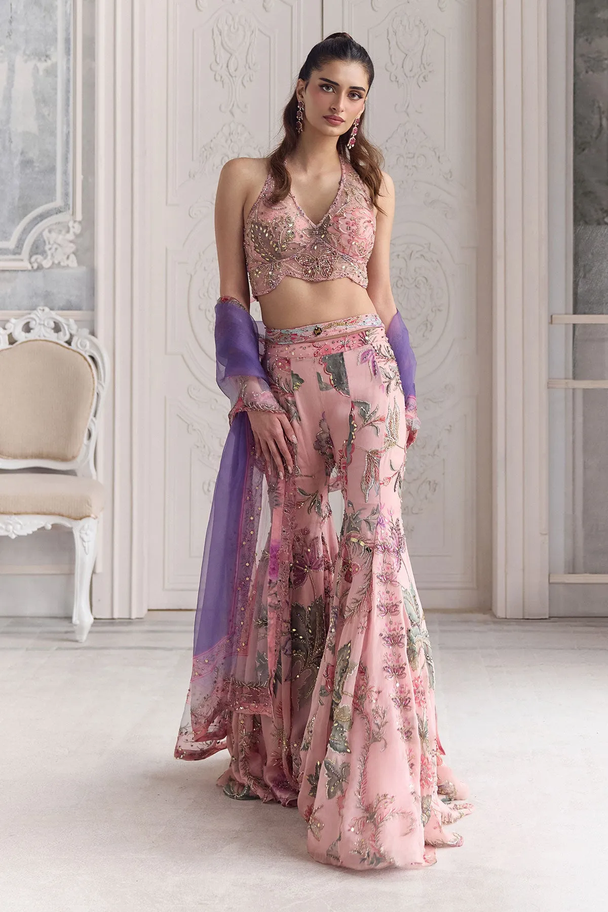 Blush Pink Sharara with Silver Zardozi and Lavender Dupatta