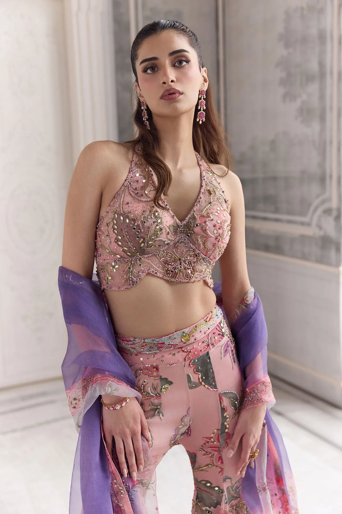 Blush Pink Sharara with Silver Zardozi and Lavender Dupatta