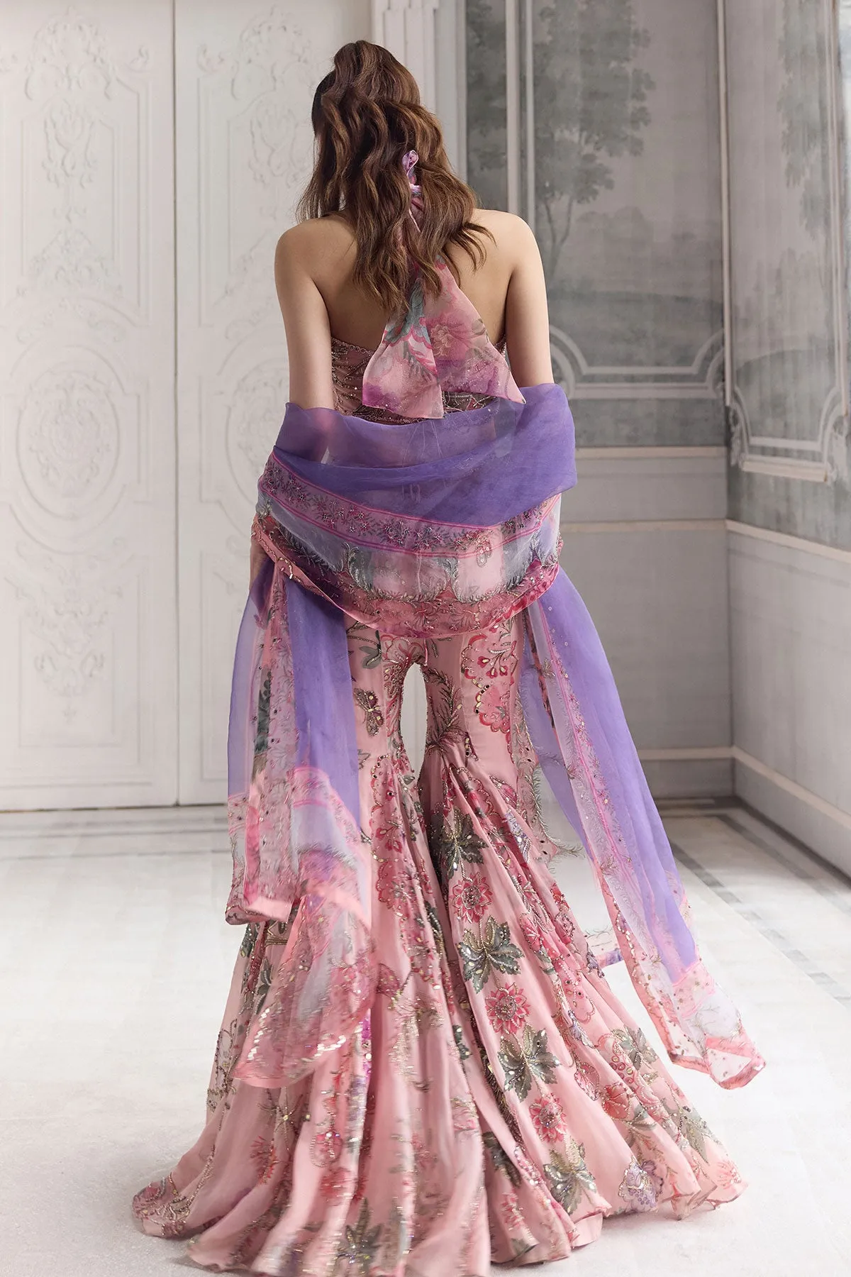 Blush Pink Sharara with Silver Zardozi and Lavender Dupatta