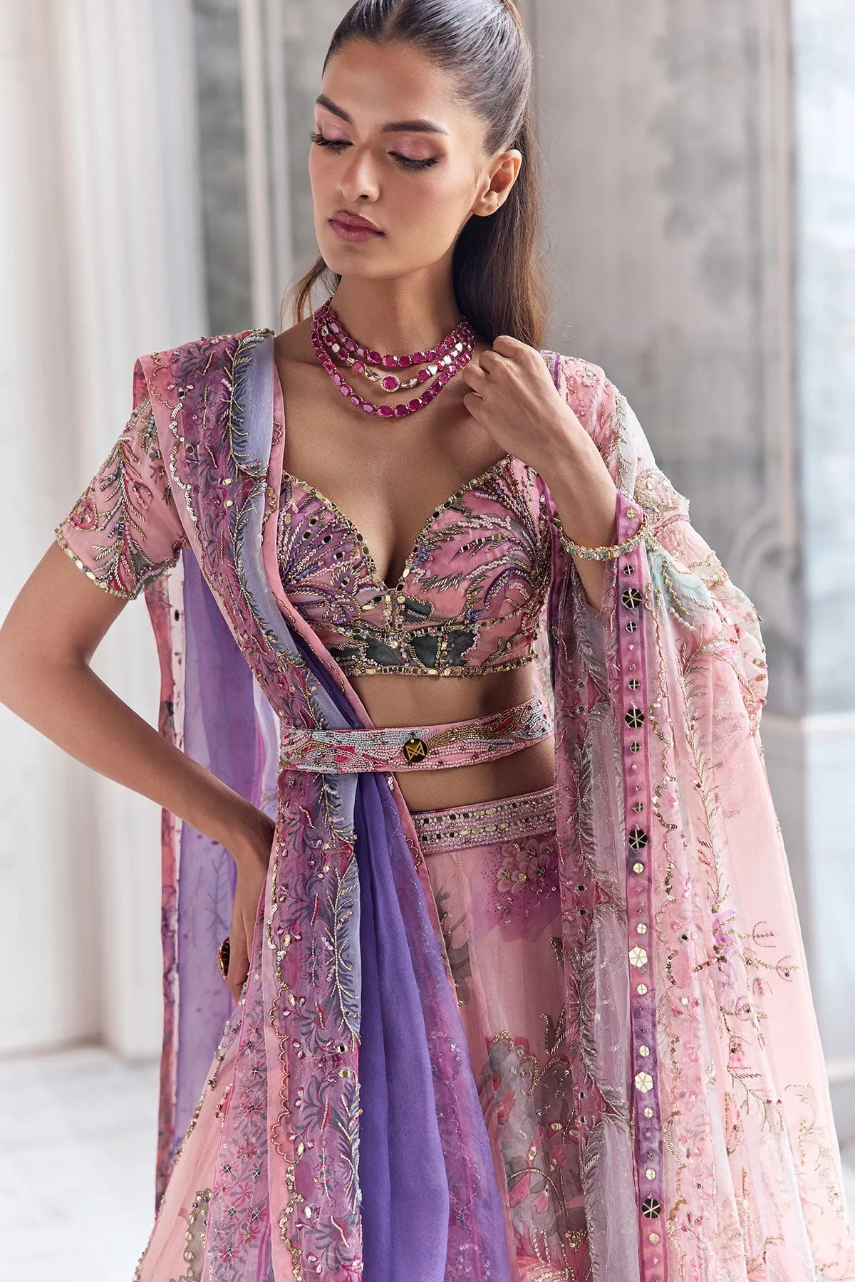 Blush Pink Lehenga with Zardozi Embroidery and Lavender Dupatta