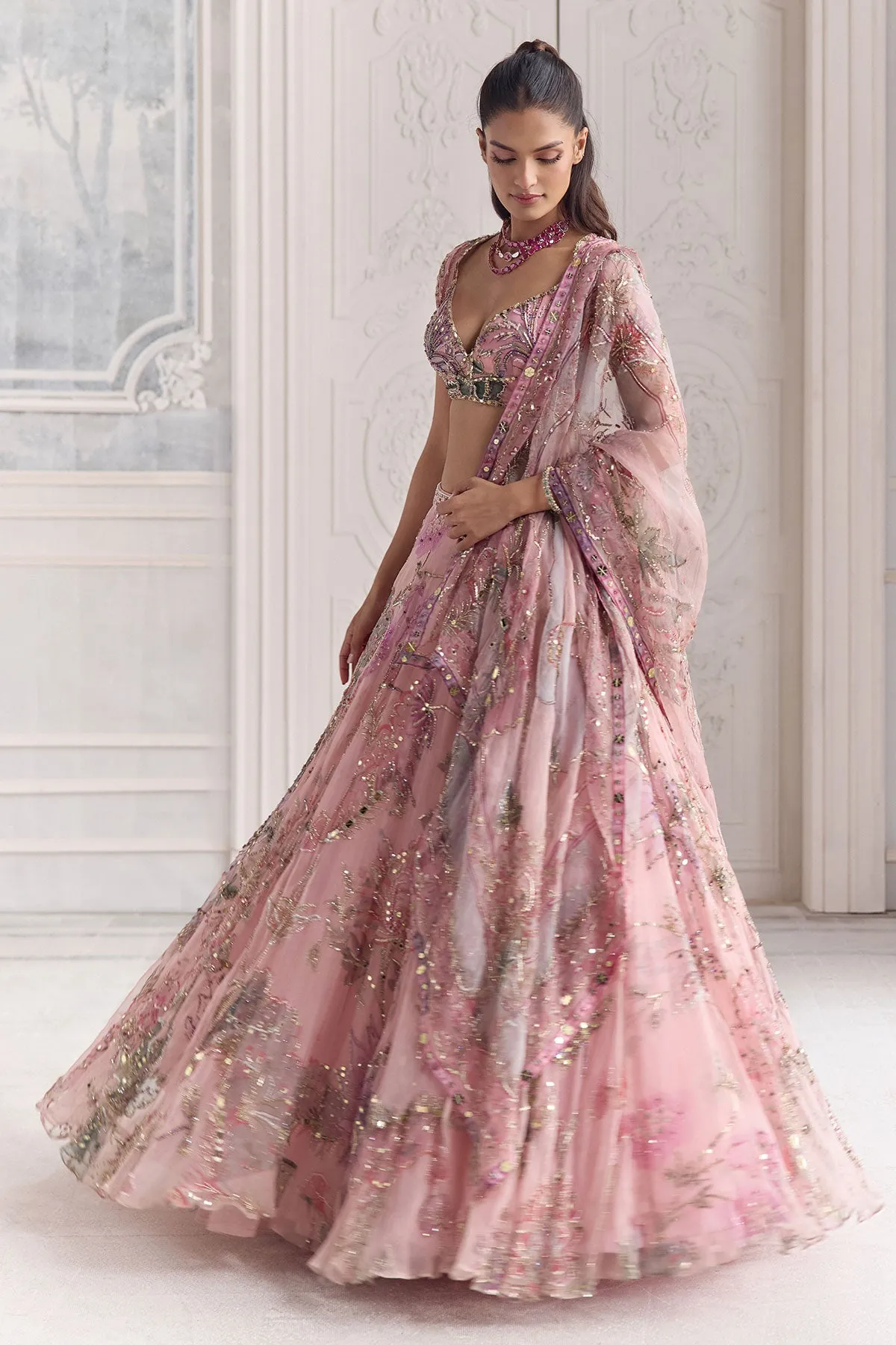 Blush Pink Lehenga with Zardozi Embroidery and Lavender Dupatta