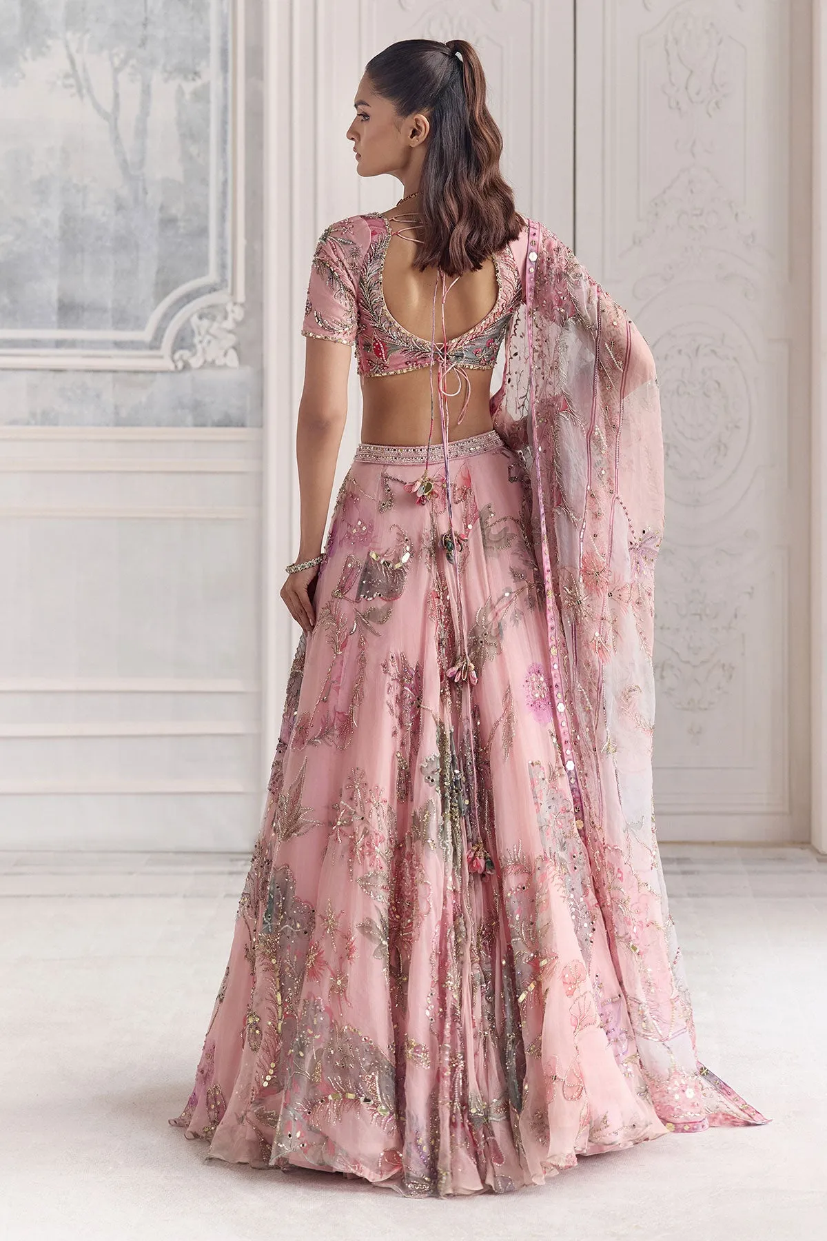Blush Pink Lehenga with Zardozi Embroidery and Lavender Dupatta