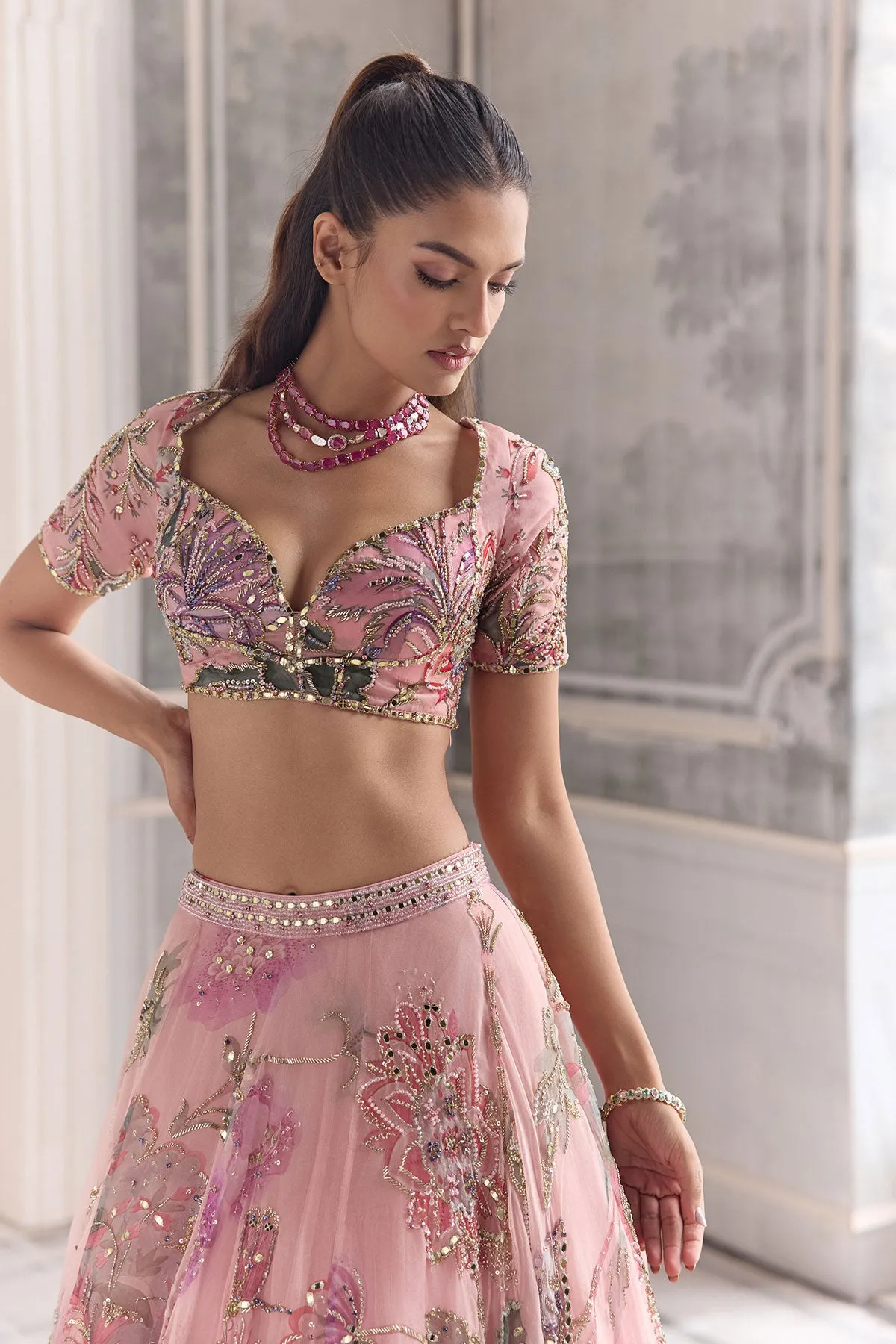 Blush Pink Lehenga with Zardozi Embroidery and Lavender Dupatta