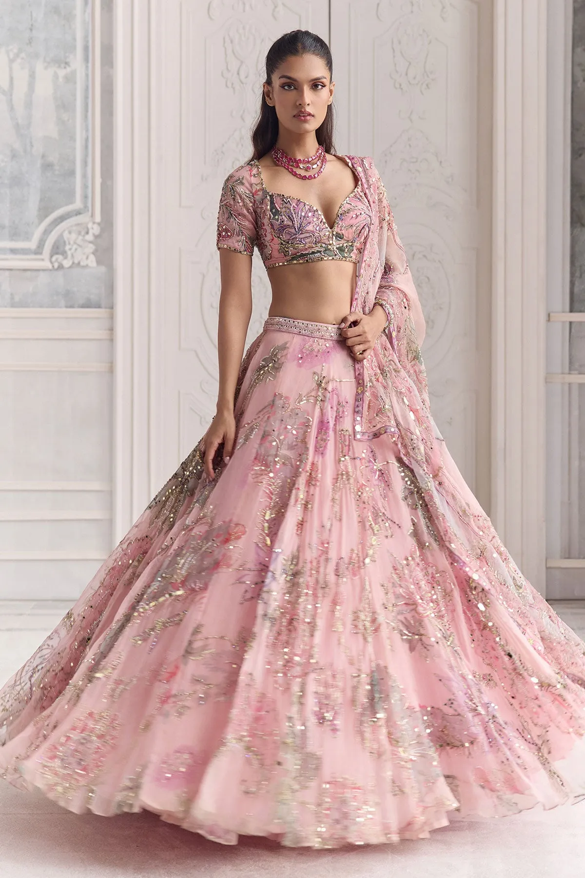 Blush Pink Lehenga with Sequins and Zardozi Floral Embroidery