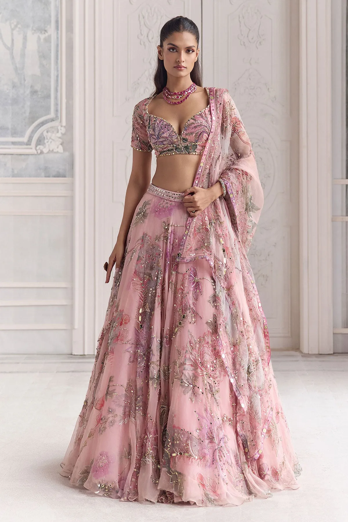 Blush Pink Lehenga with Sequins and Zardozi Floral Embroidery