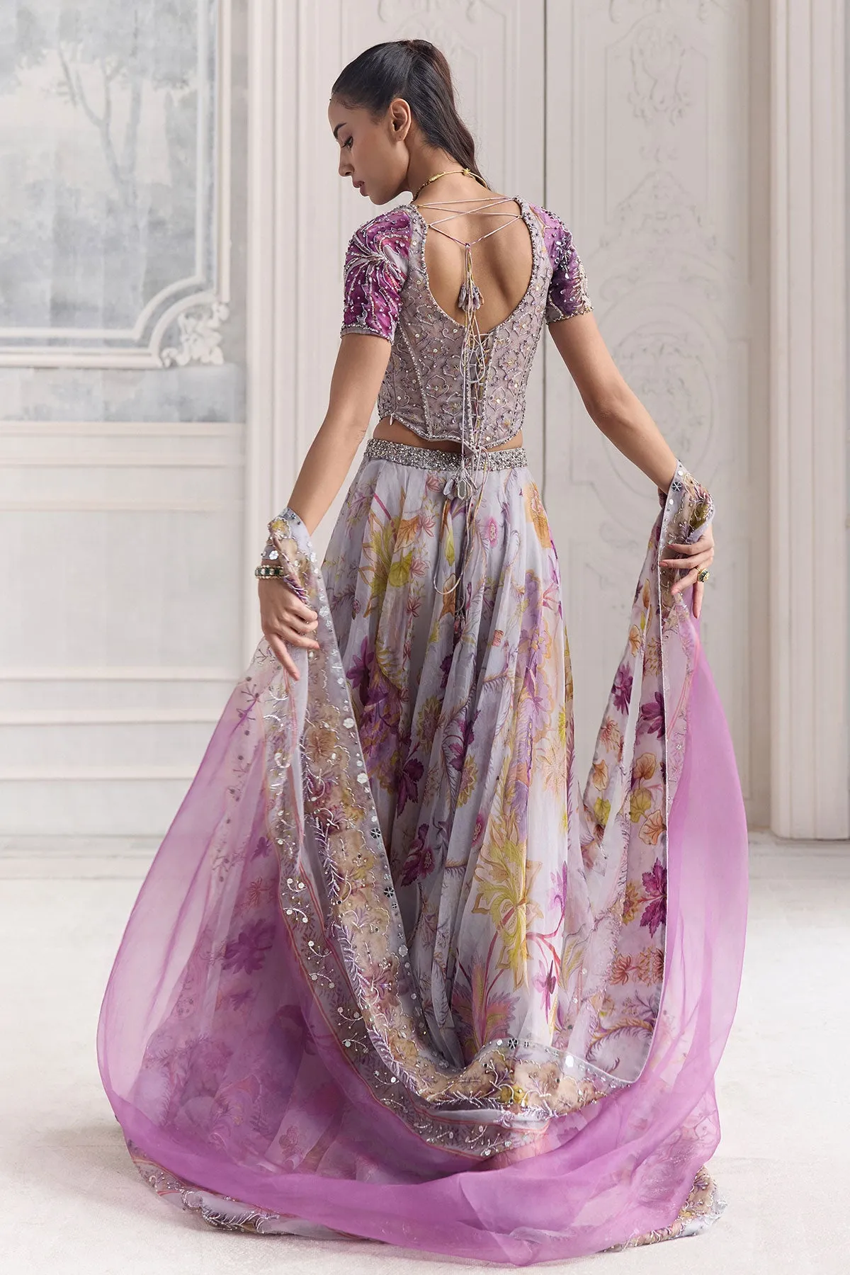 Lilac Lehenga with Multicolour Floral Embroidery and Sheer Dupatta