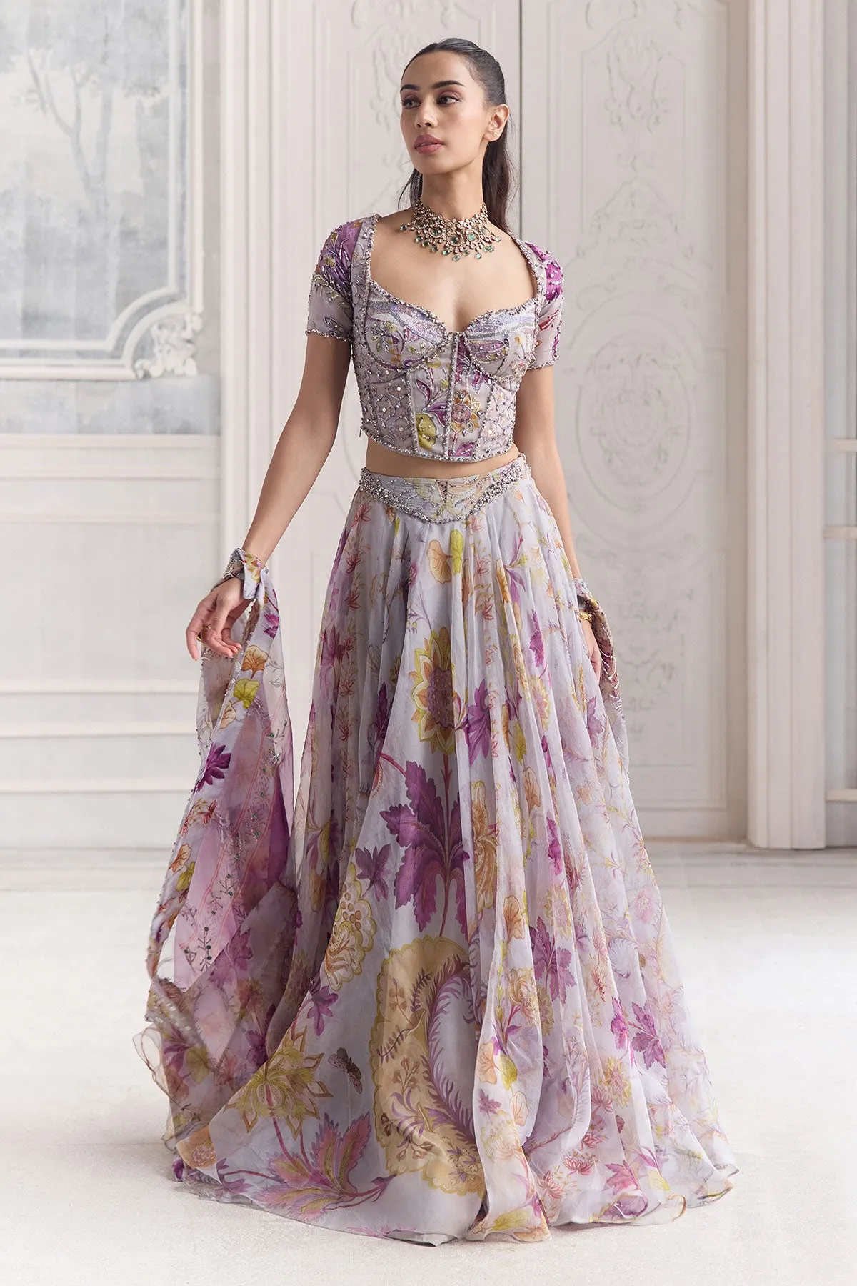 Lilac Lehenga with Multicolour Floral Embroidery and Sheer Dupatta