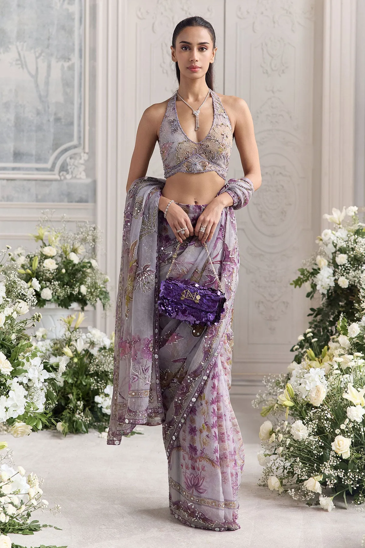 Lilac Organza Sari with Multicolour Floral Embroidery and Sequins