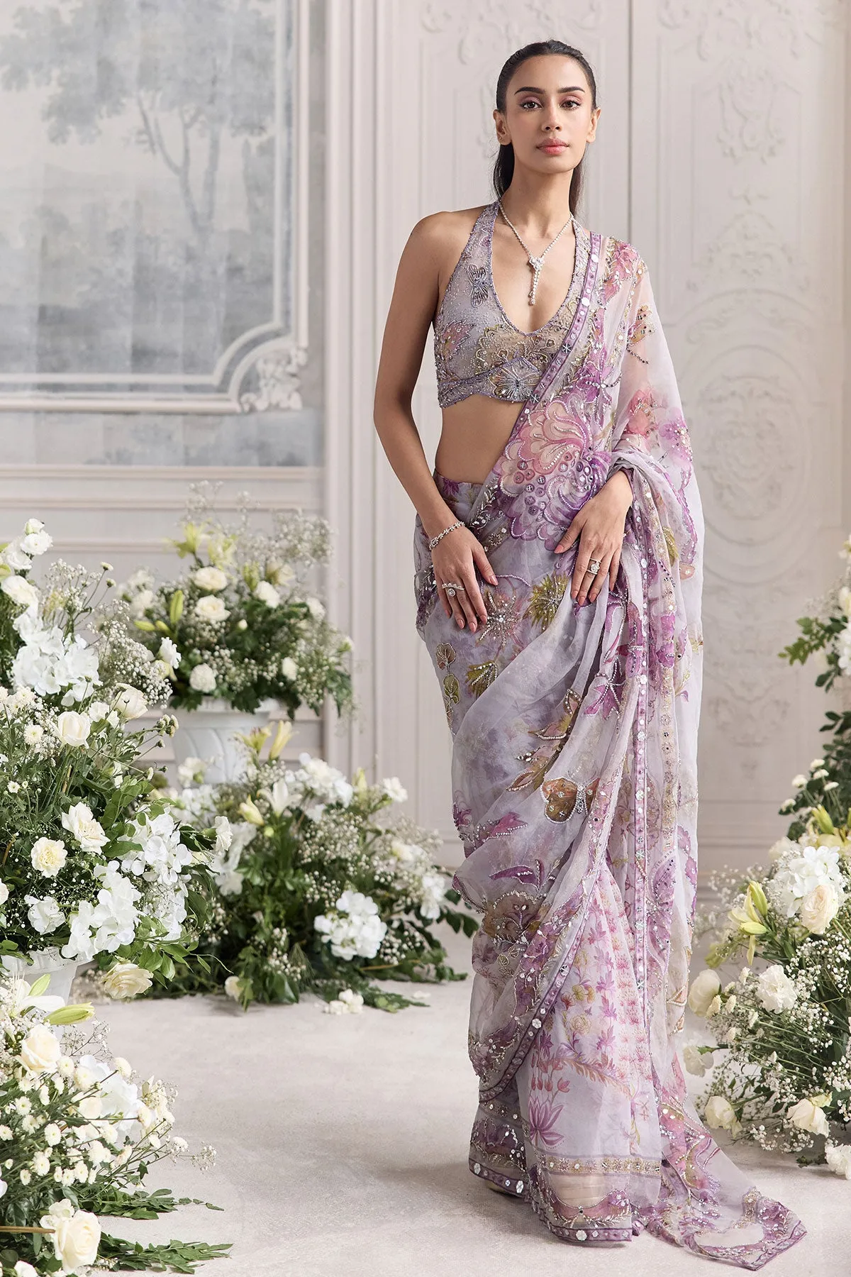 Lilac Organza Sari with Multicolour Floral Embroidery and Sequins